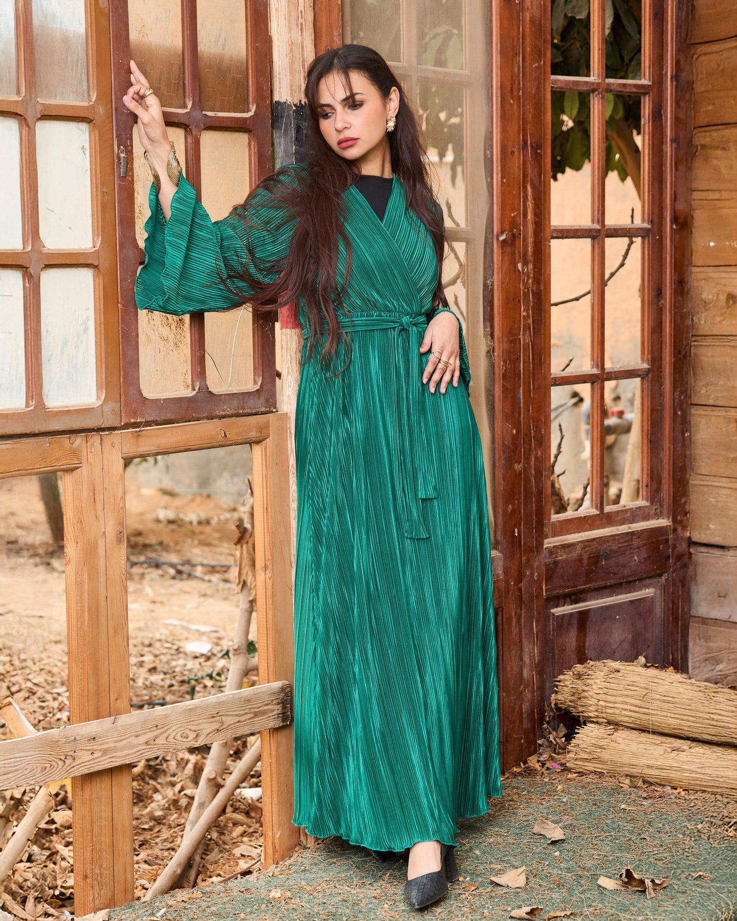 Pleated Satin Wrap Dress (Green)