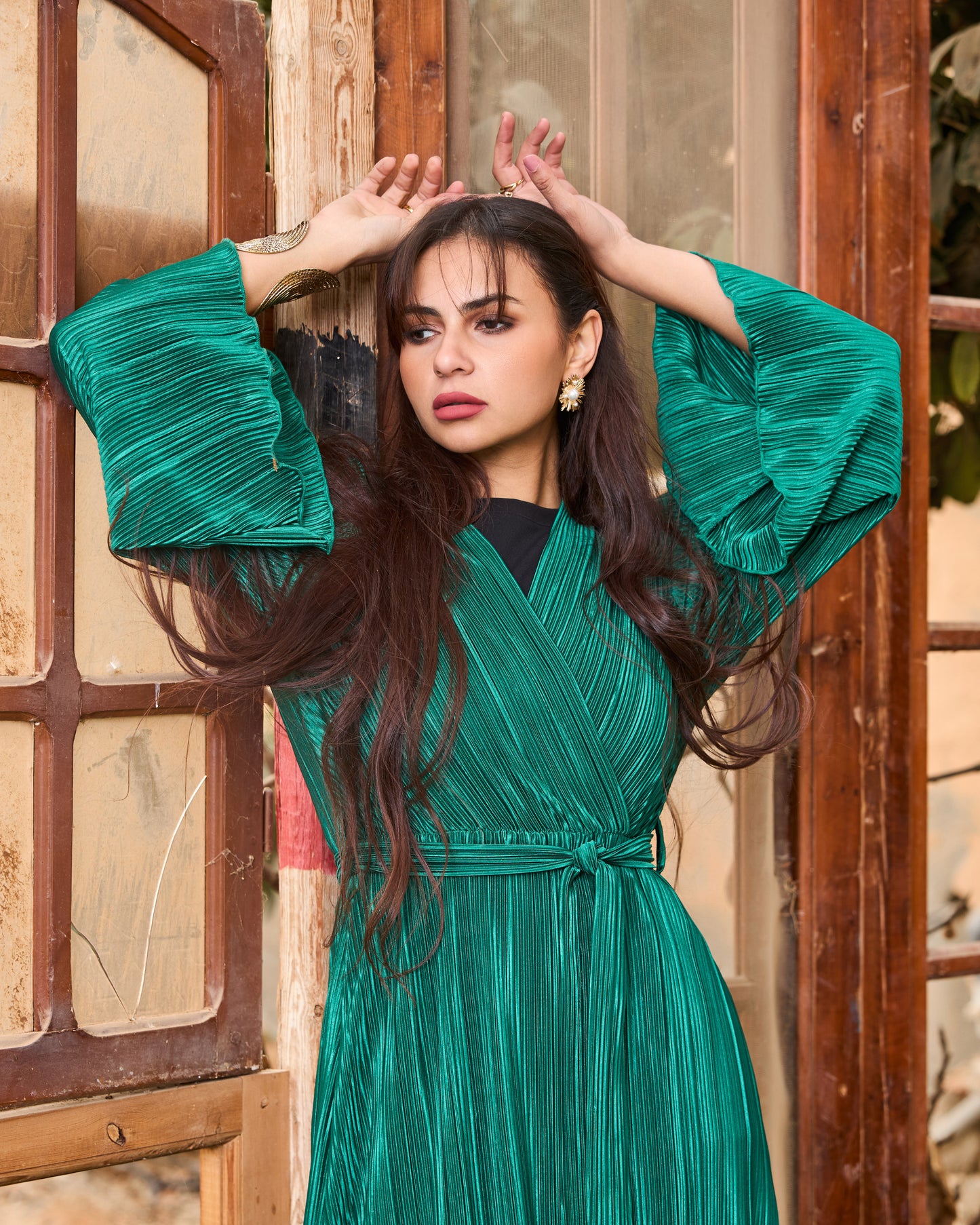 Pleated Satin Wrap Dress (Green)