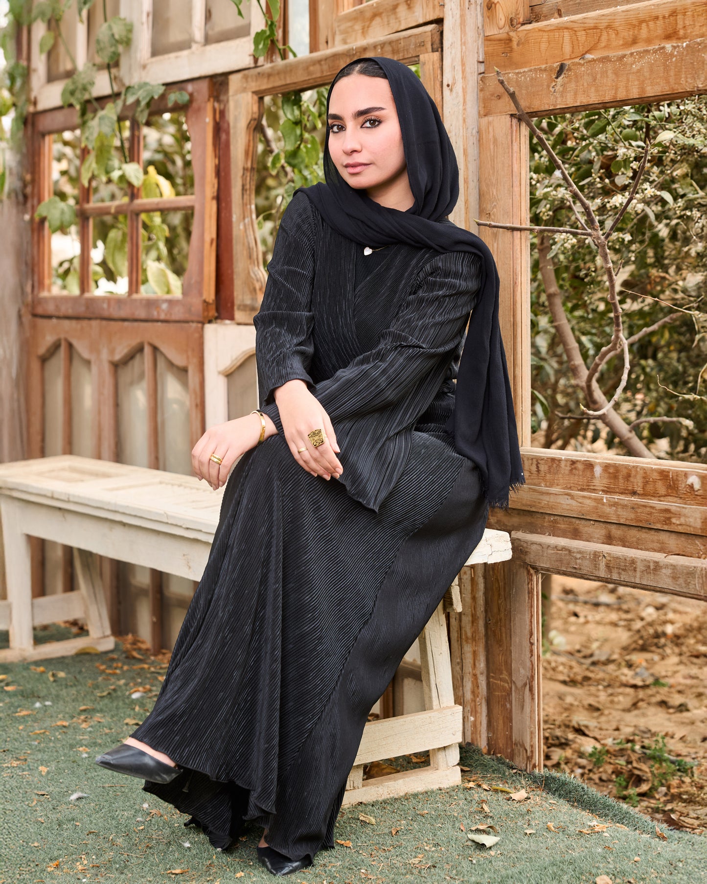 Pleated Satin Wrap Dress (Black)