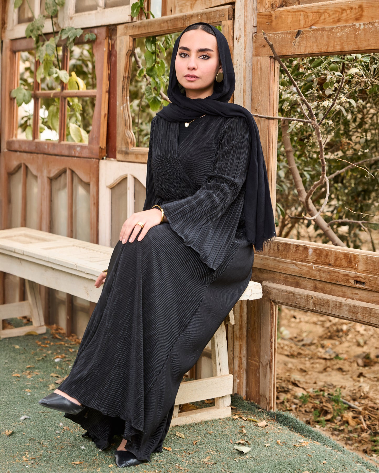 Pleated Satin Wrap Dress (Black)