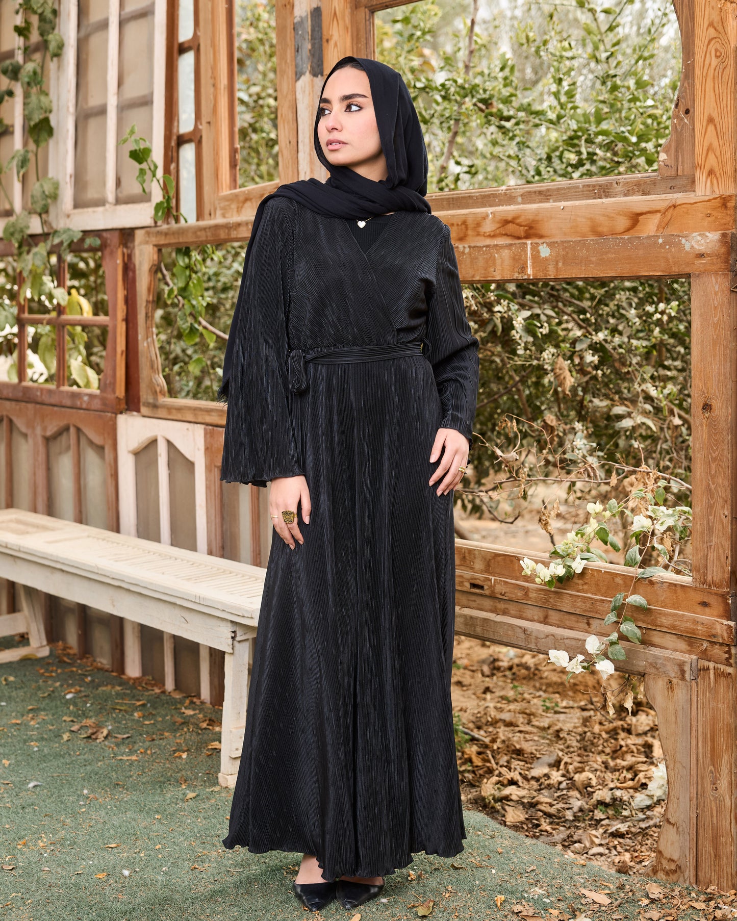 Pleated Satin Wrap Dress (Black)