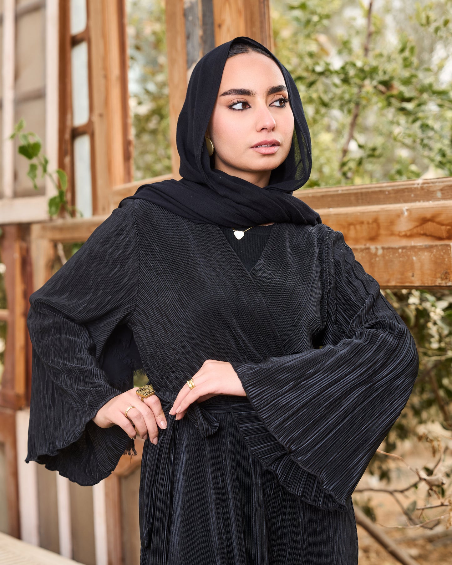 Pleated Satin Wrap Dress (Black)