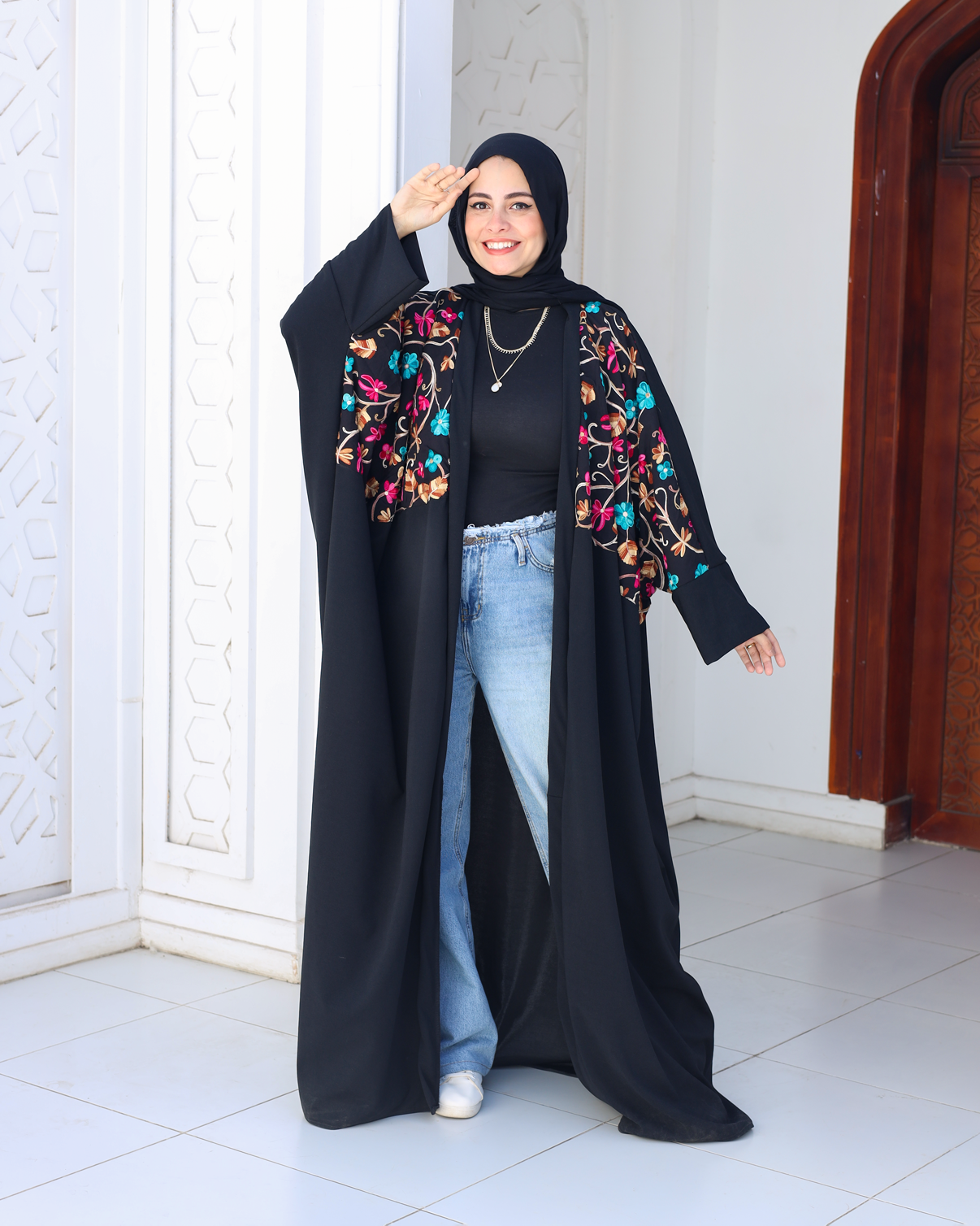 Black Kaftan with embroidered flowery