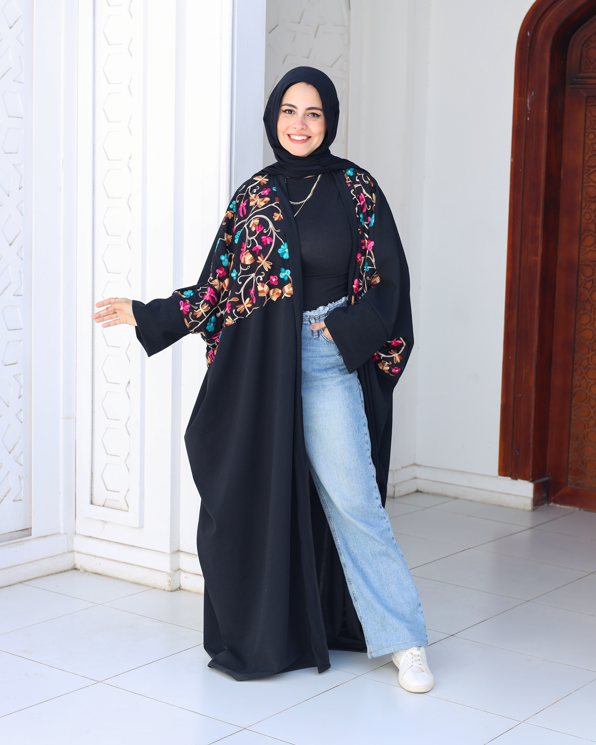 Black Kaftan with embroidered flowery