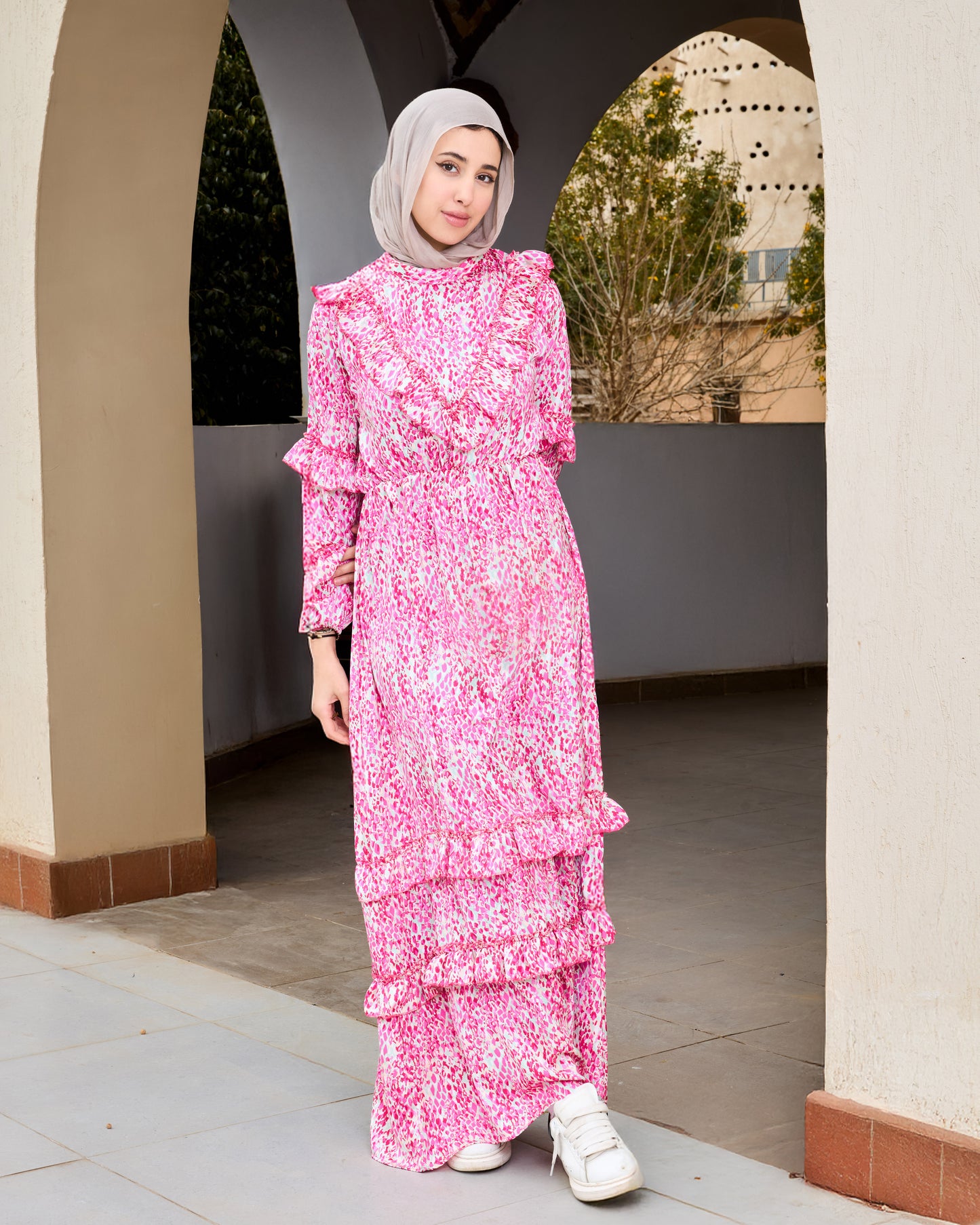 Pinky-Pattern Ruffled Dress