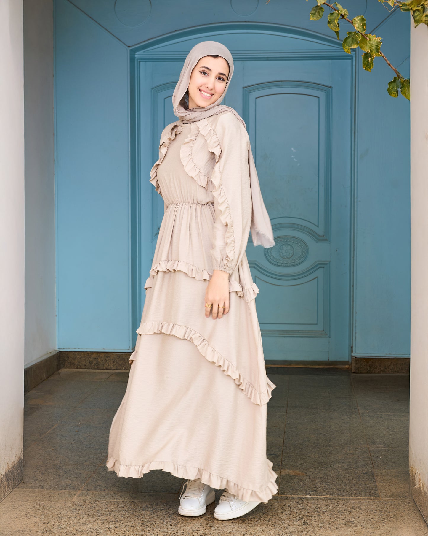 Plain Ruffled Dress (Beige)