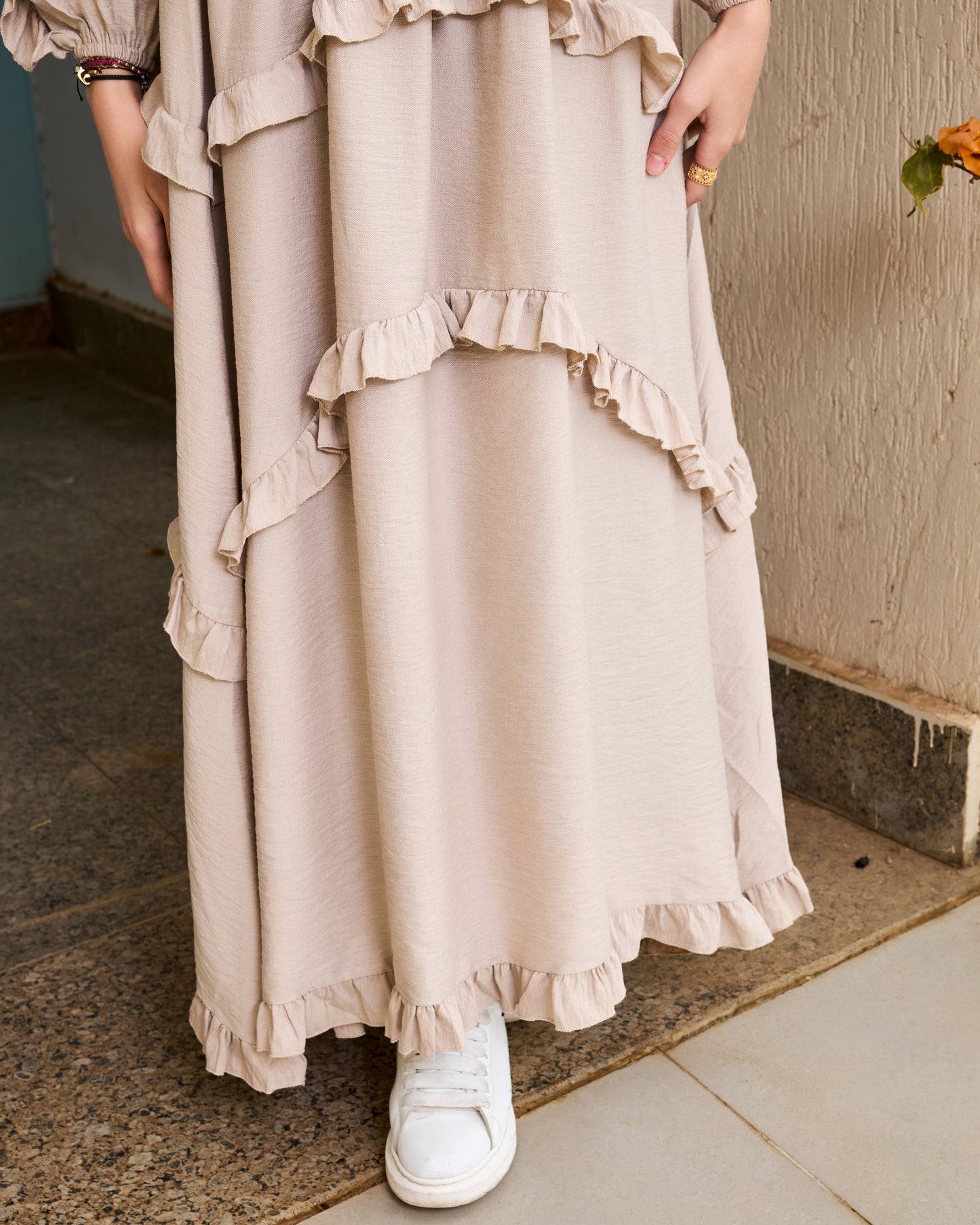 Plain Ruffled Dress (Beige)
