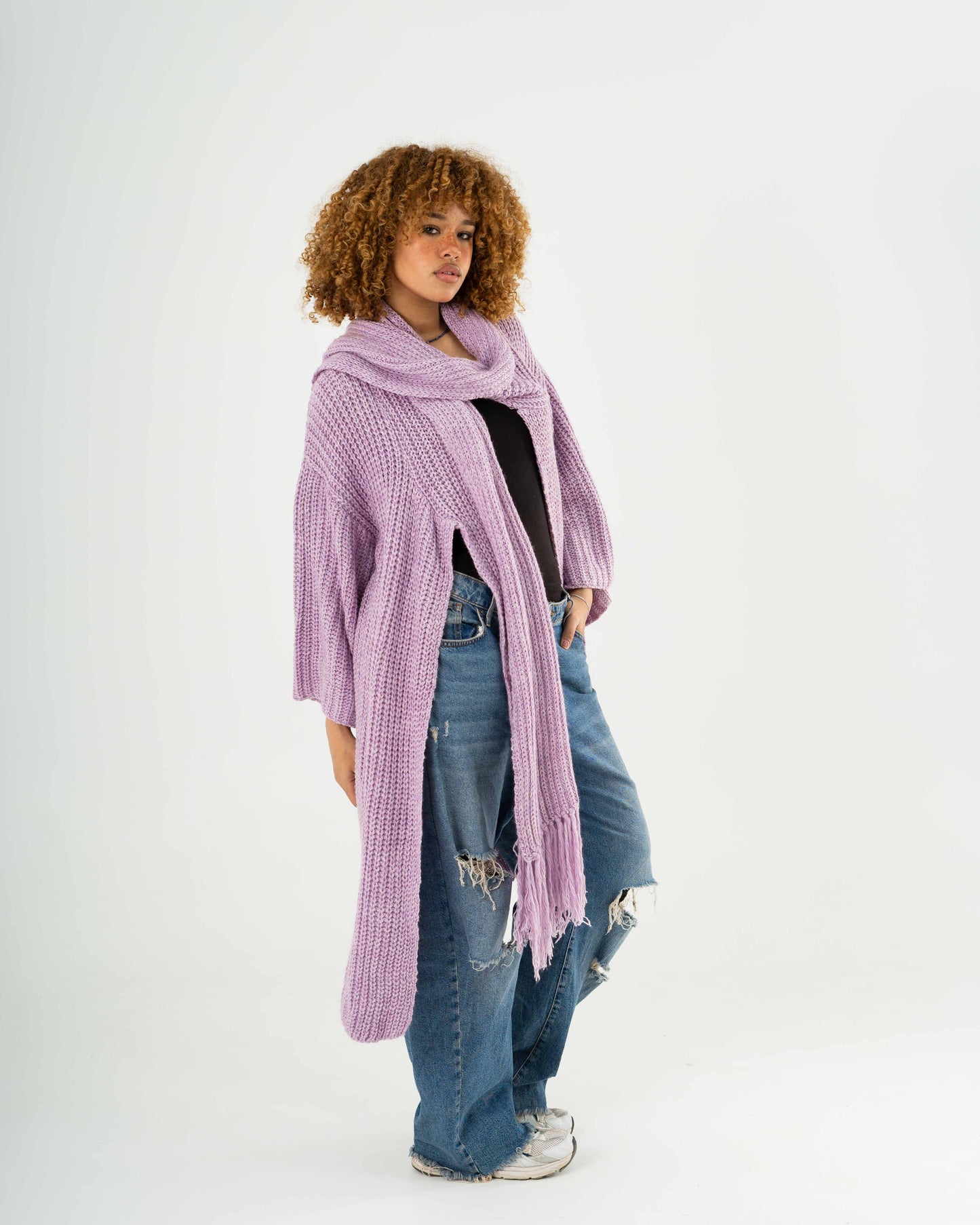 Knitted Cardigan with attached scarf in Lavender