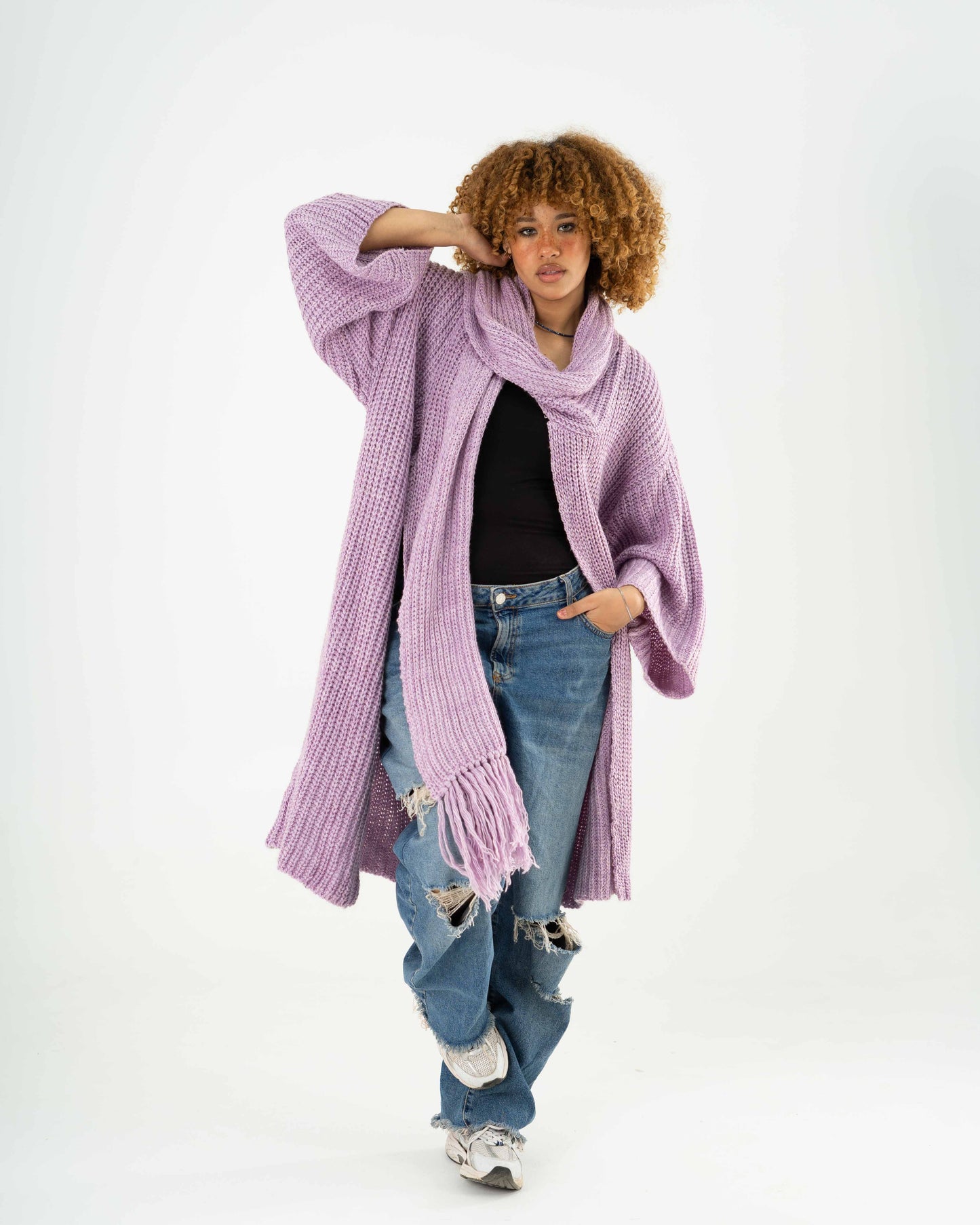 Knitted Cardigan with attached scarf in Lavender