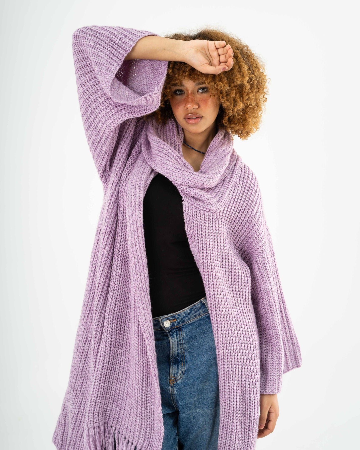 Knitted Cardigan with attached scarf in Lavender