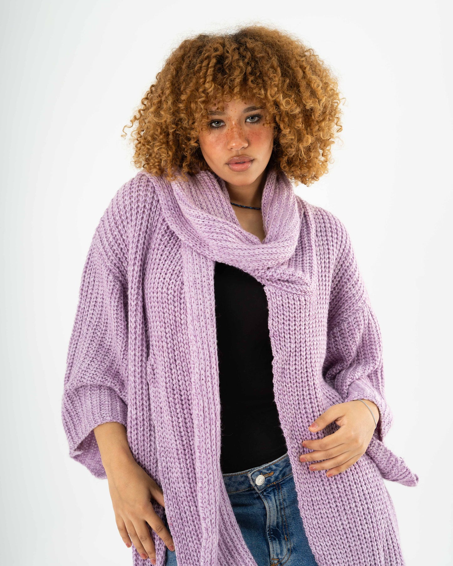 Knitted Cardigan with attached scarf in Lavender