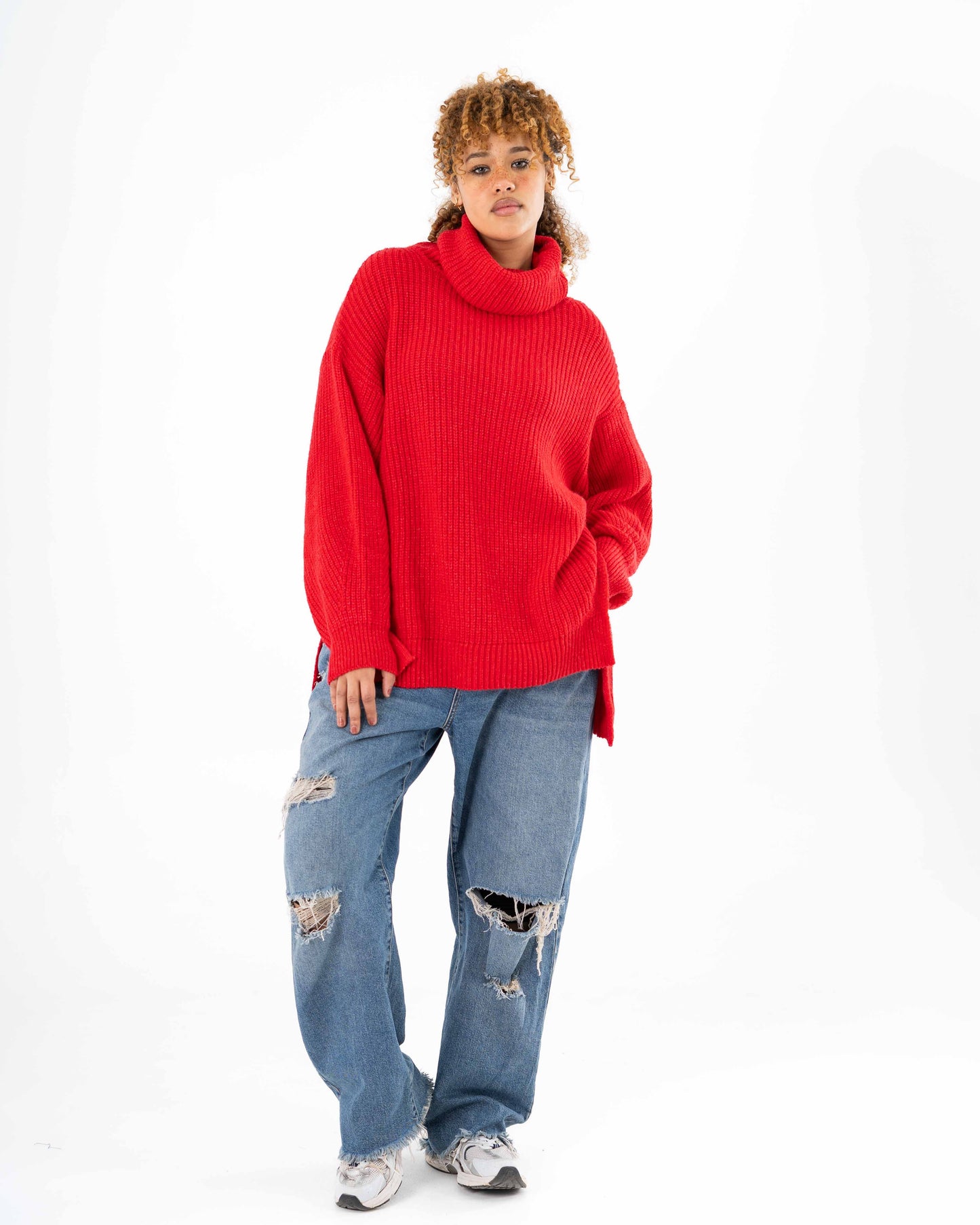 High-Low Turtle-neck Pullover In Red