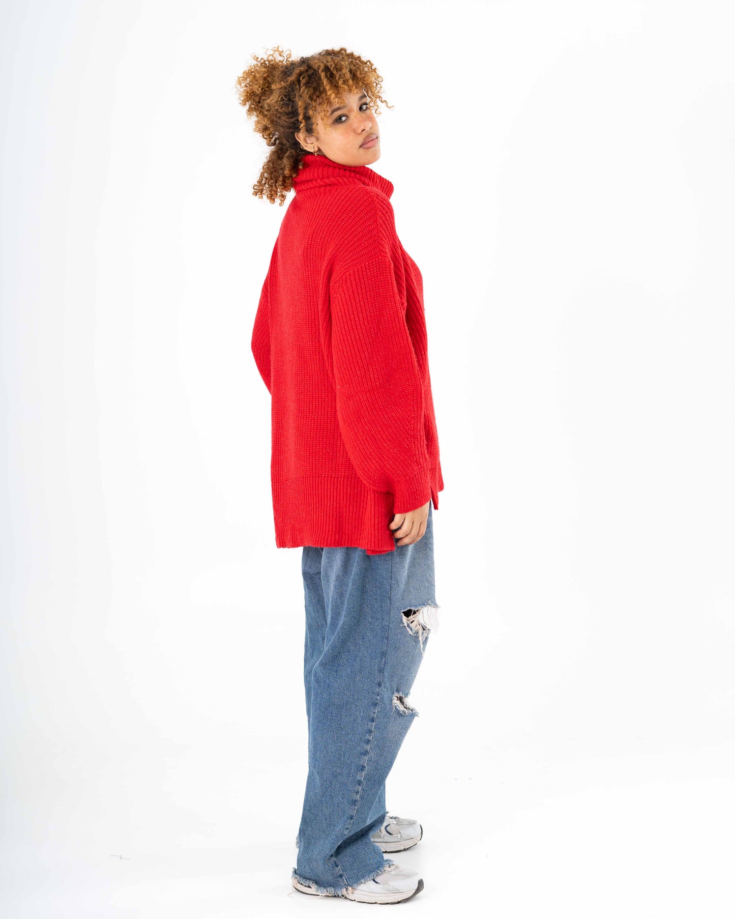 High-Low Turtle-neck Pullover In Red