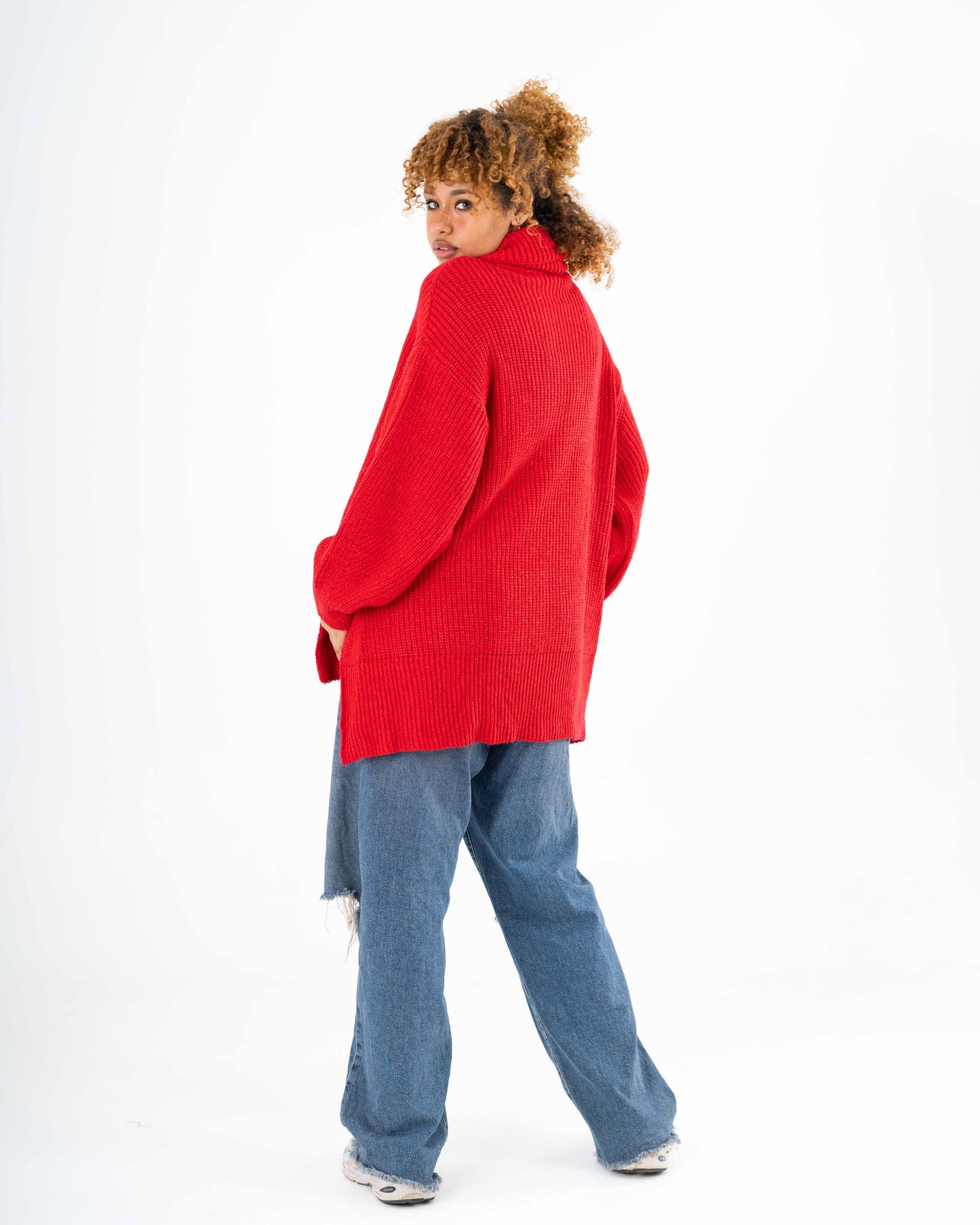 High-Low Turtle-neck Pullover In Red