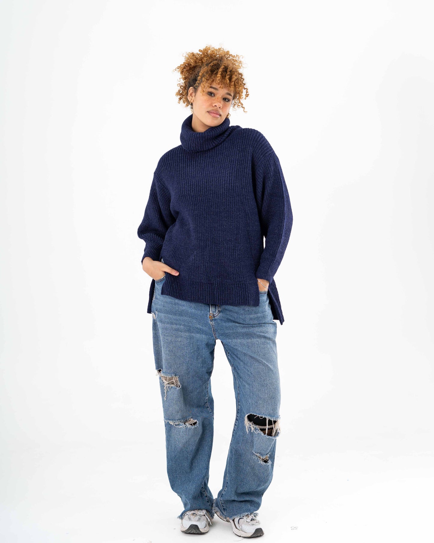 High-Low Turtle-neck Pullover In Dark Blue