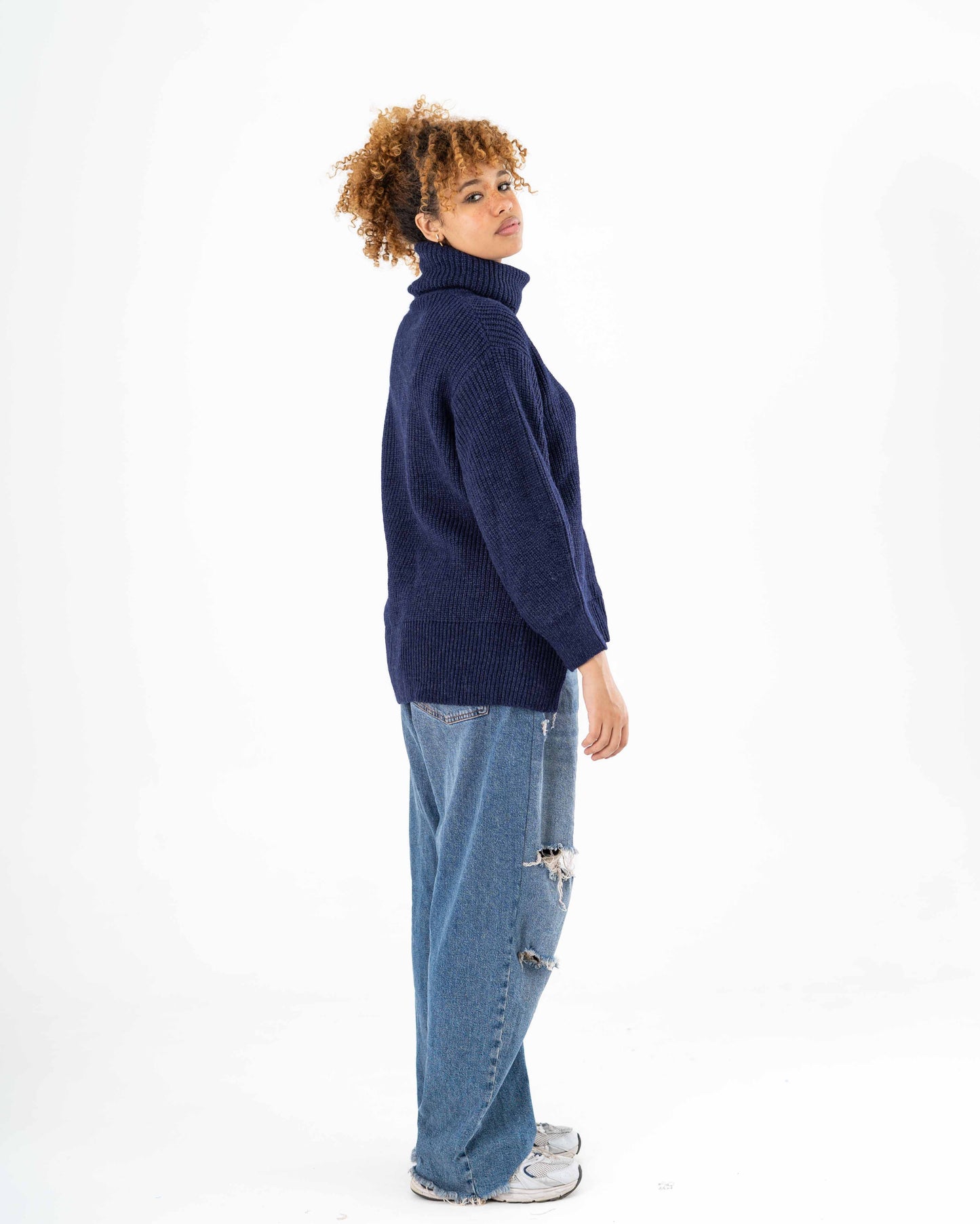 High-Low Turtle-neck Pullover In Dark Blue