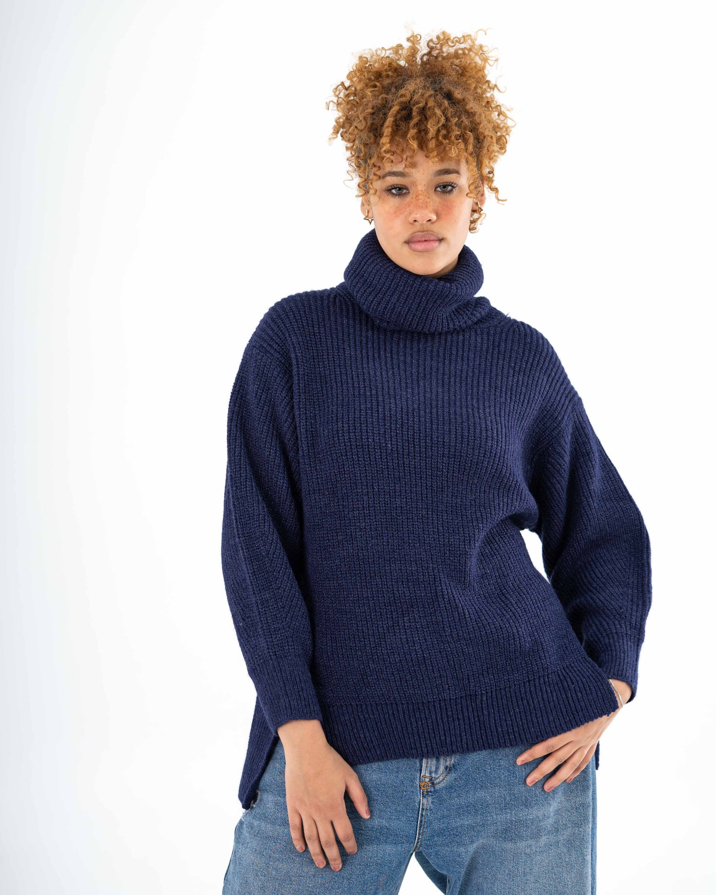 High-Low Turtle-neck Pullover In Dark Blue