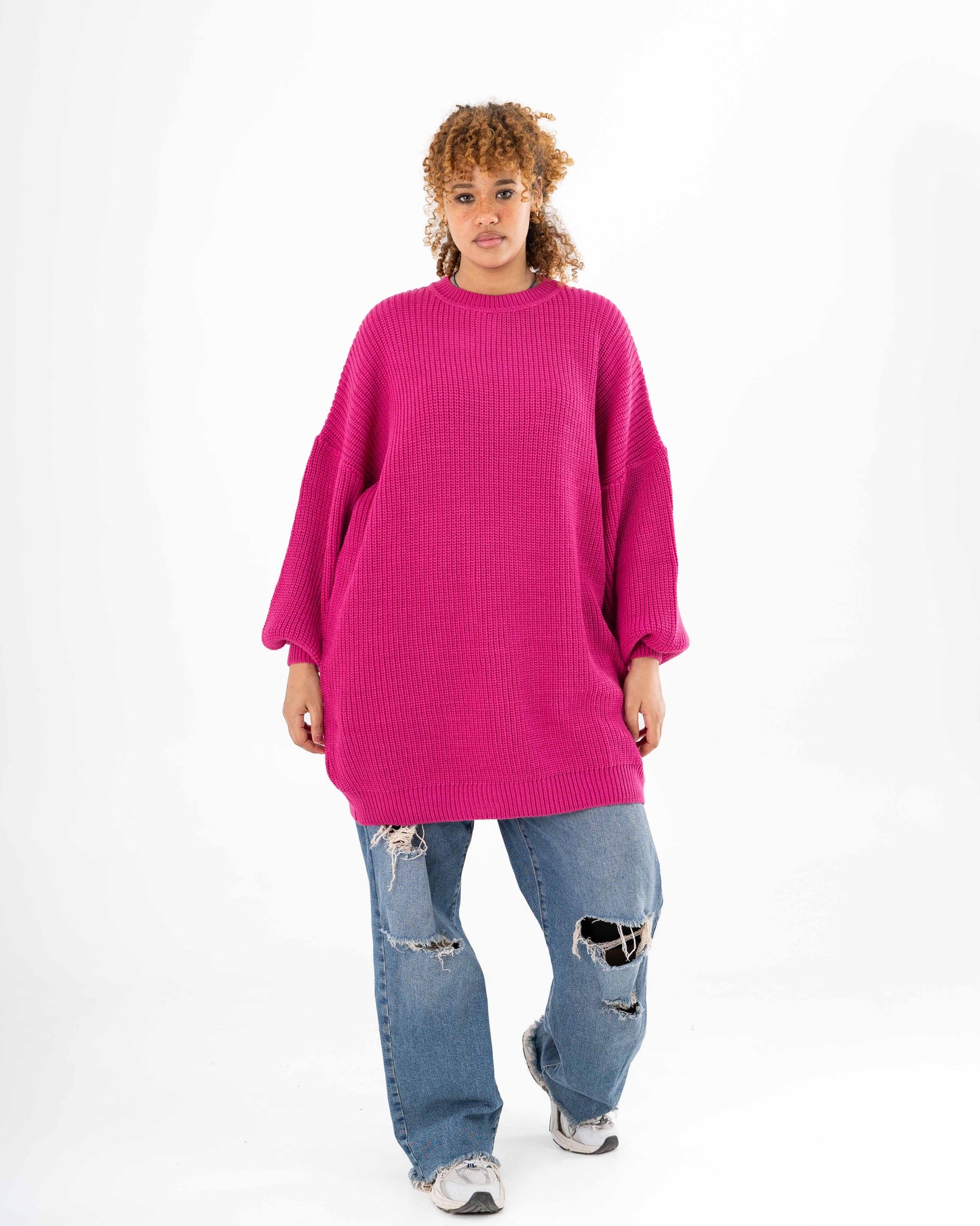 Extra Oversized Chunky Long Pullover In Pink