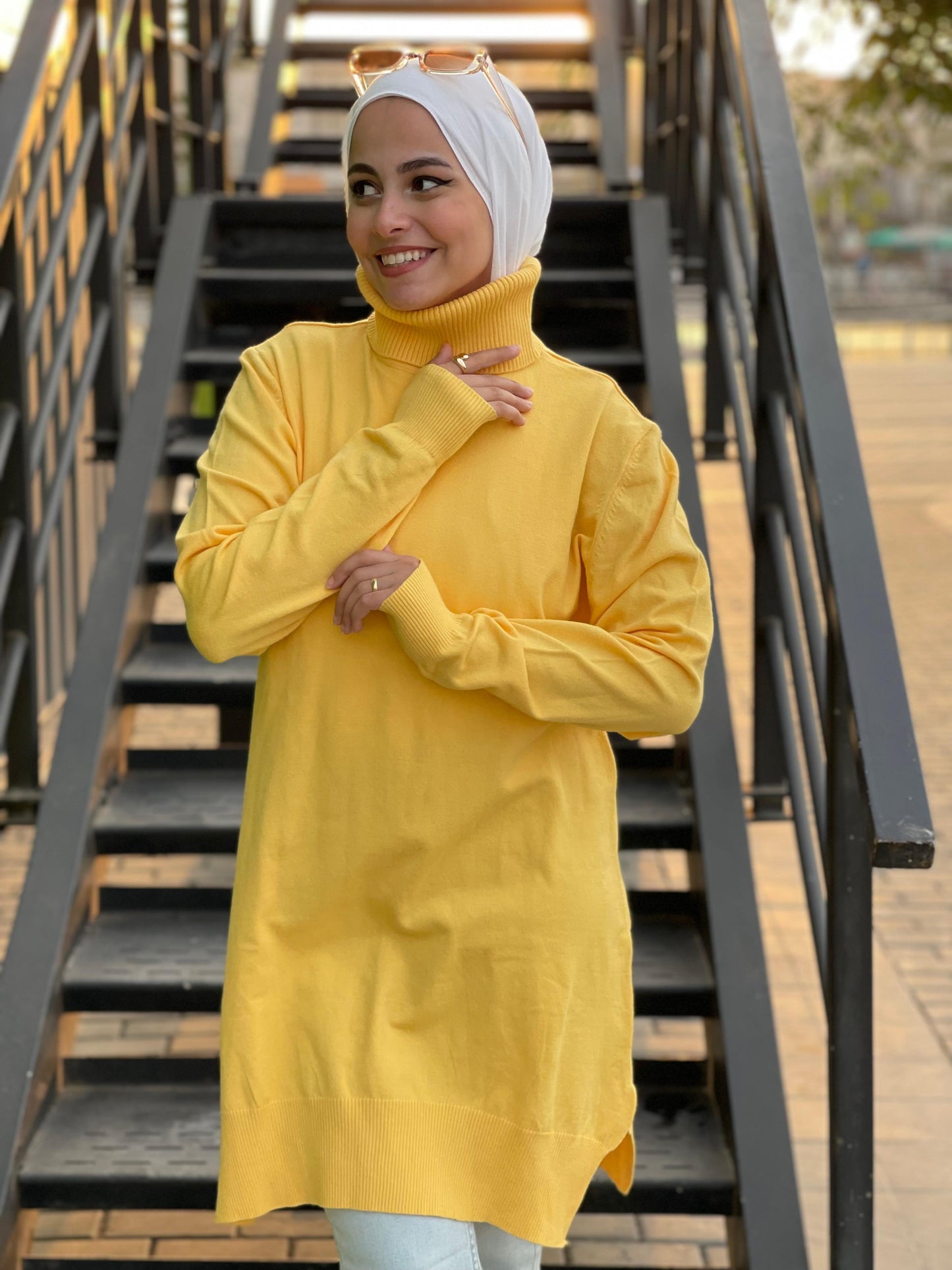 High-neck Longline Pullover in Yellow.