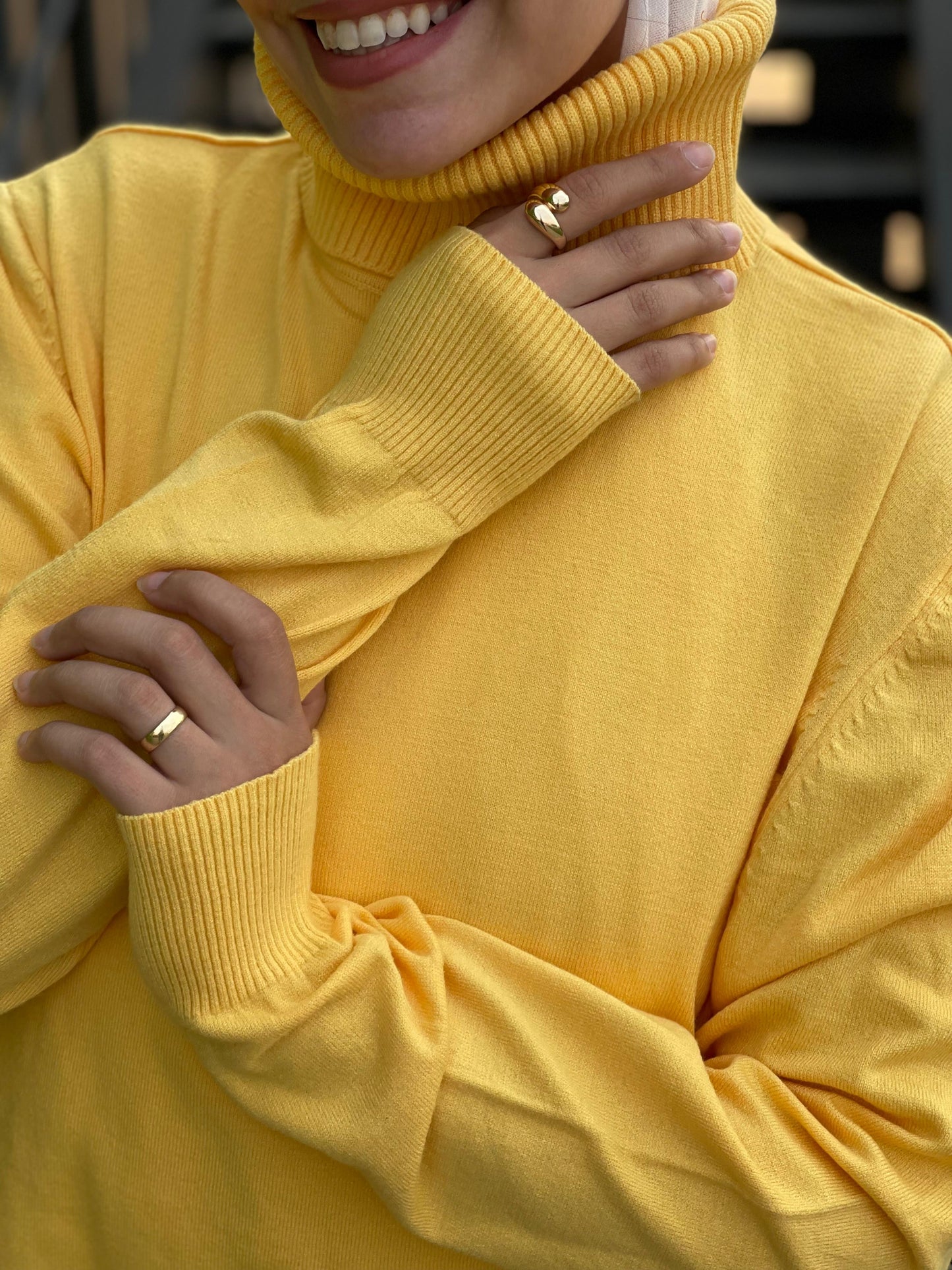High-neck Longline Pullover in Yellow.