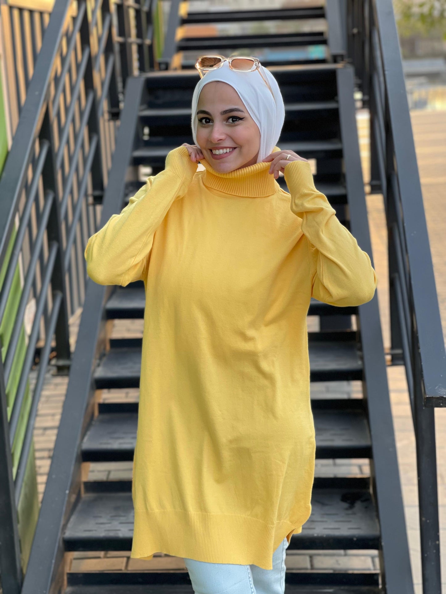 High-neck Longline Pullover in Yellow.