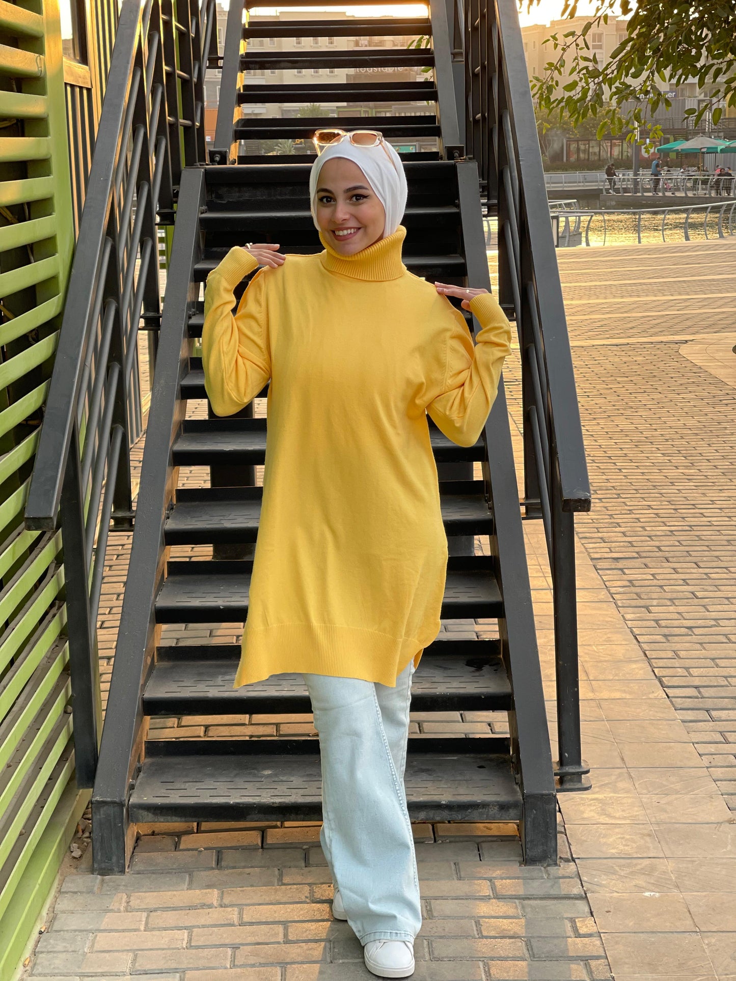 High-neck Longline Pullover in Yellow.