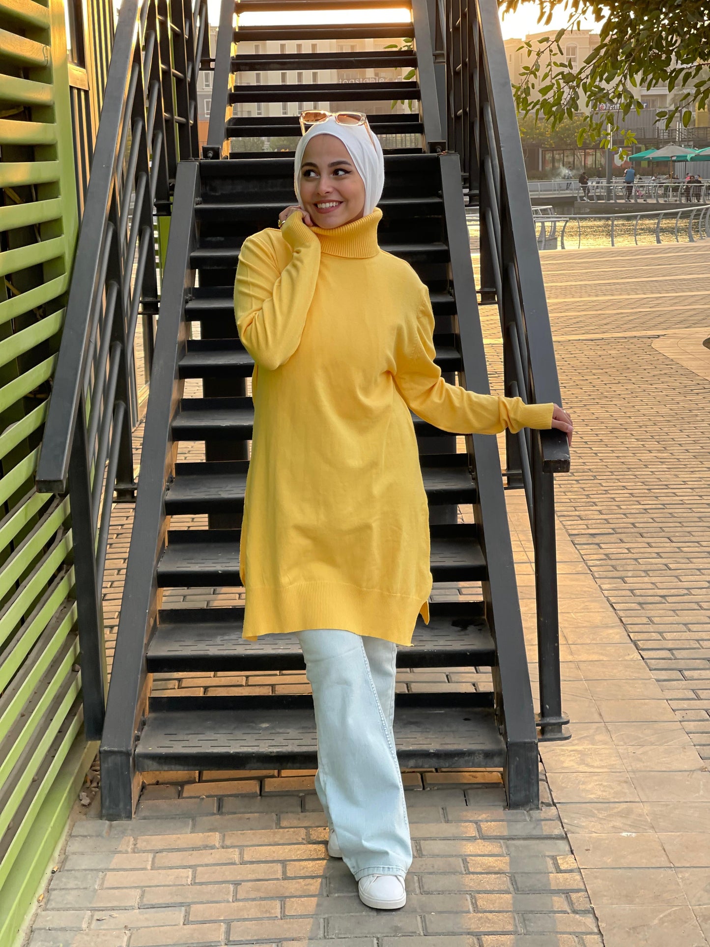 High-neck Longline Pullover in Yellow.