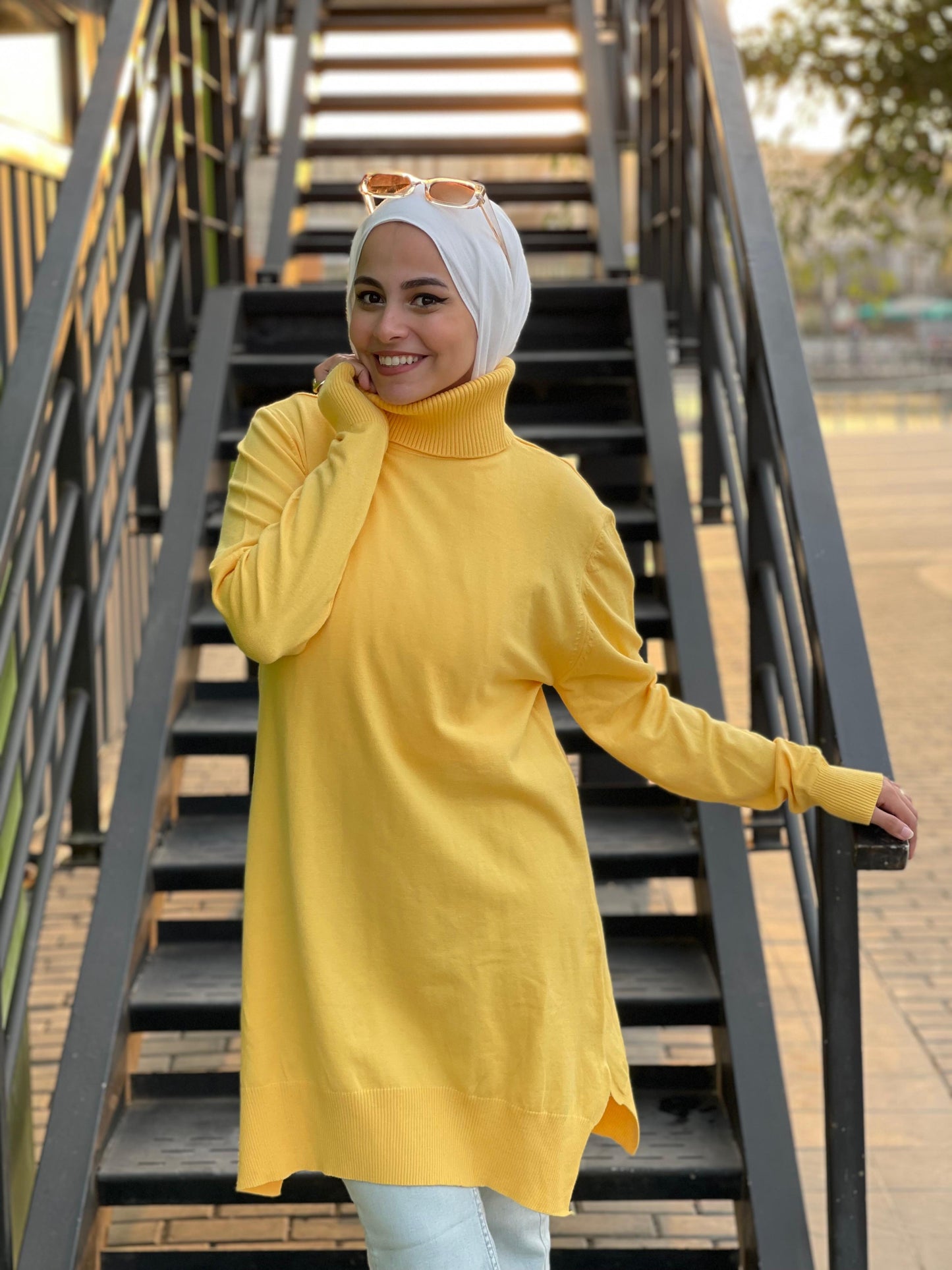 High-neck Longline Pullover in Yellow.