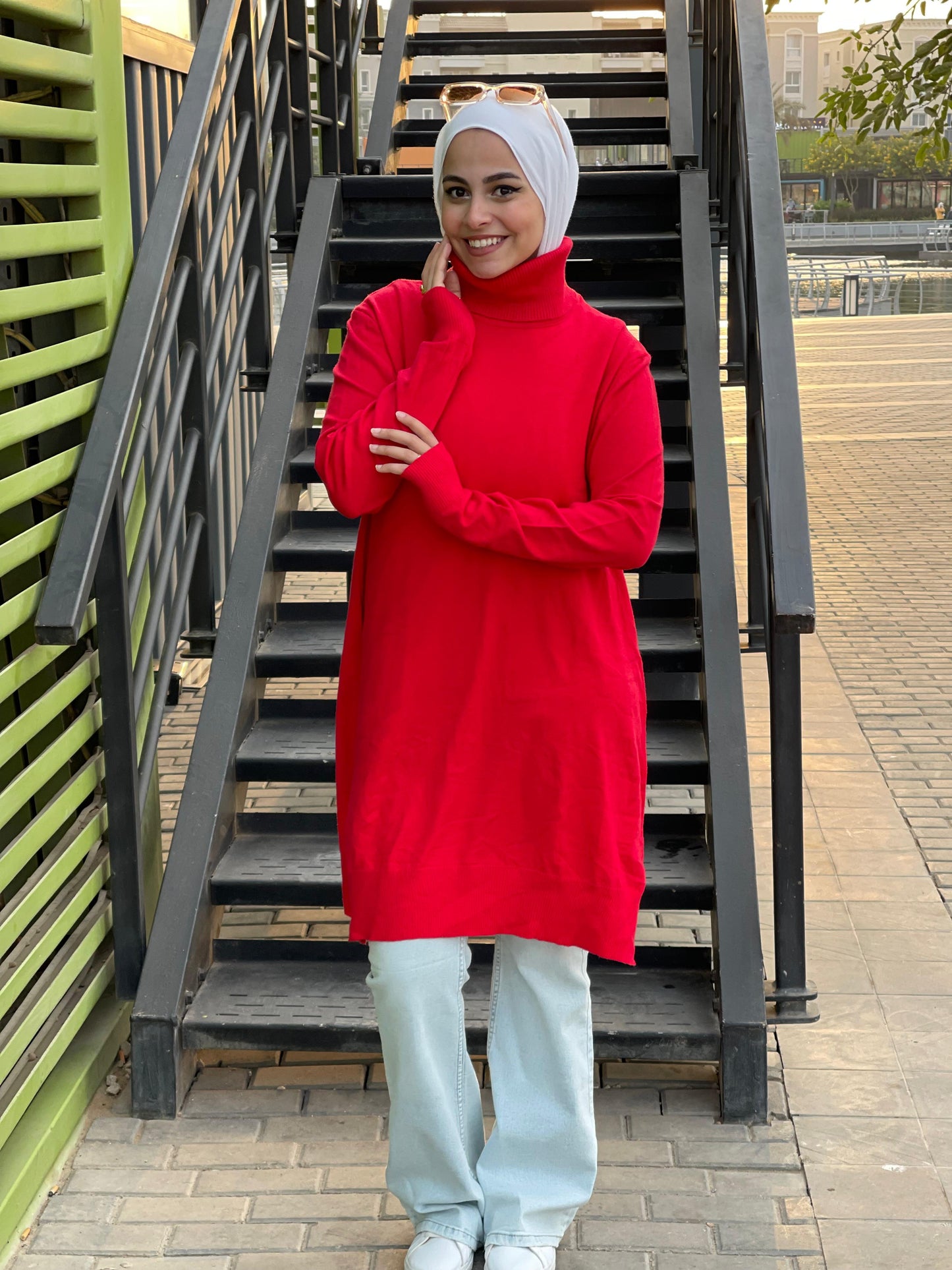 High-neck Longline Pullover in orang