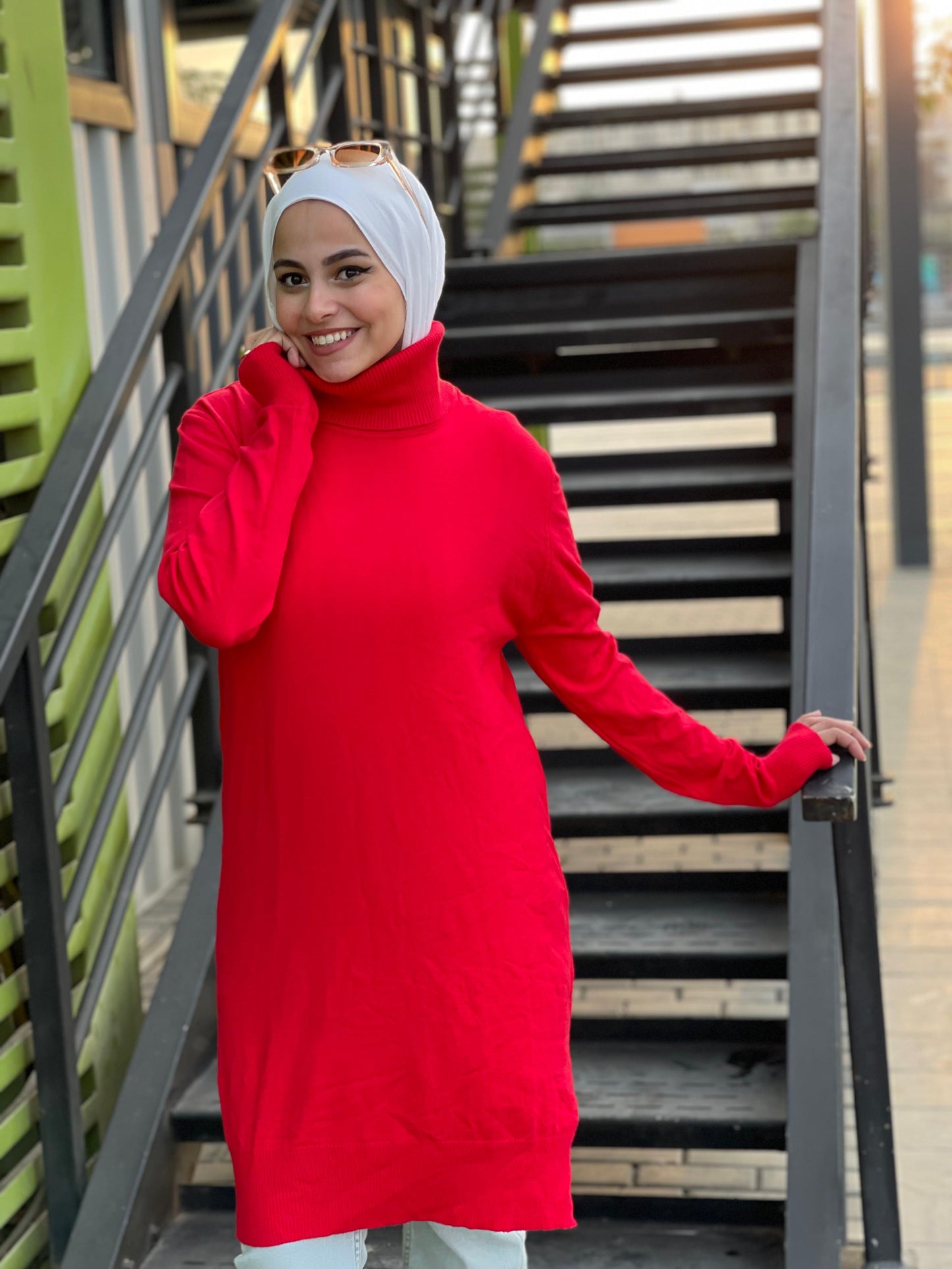 High-neck Longline Pullover in orang