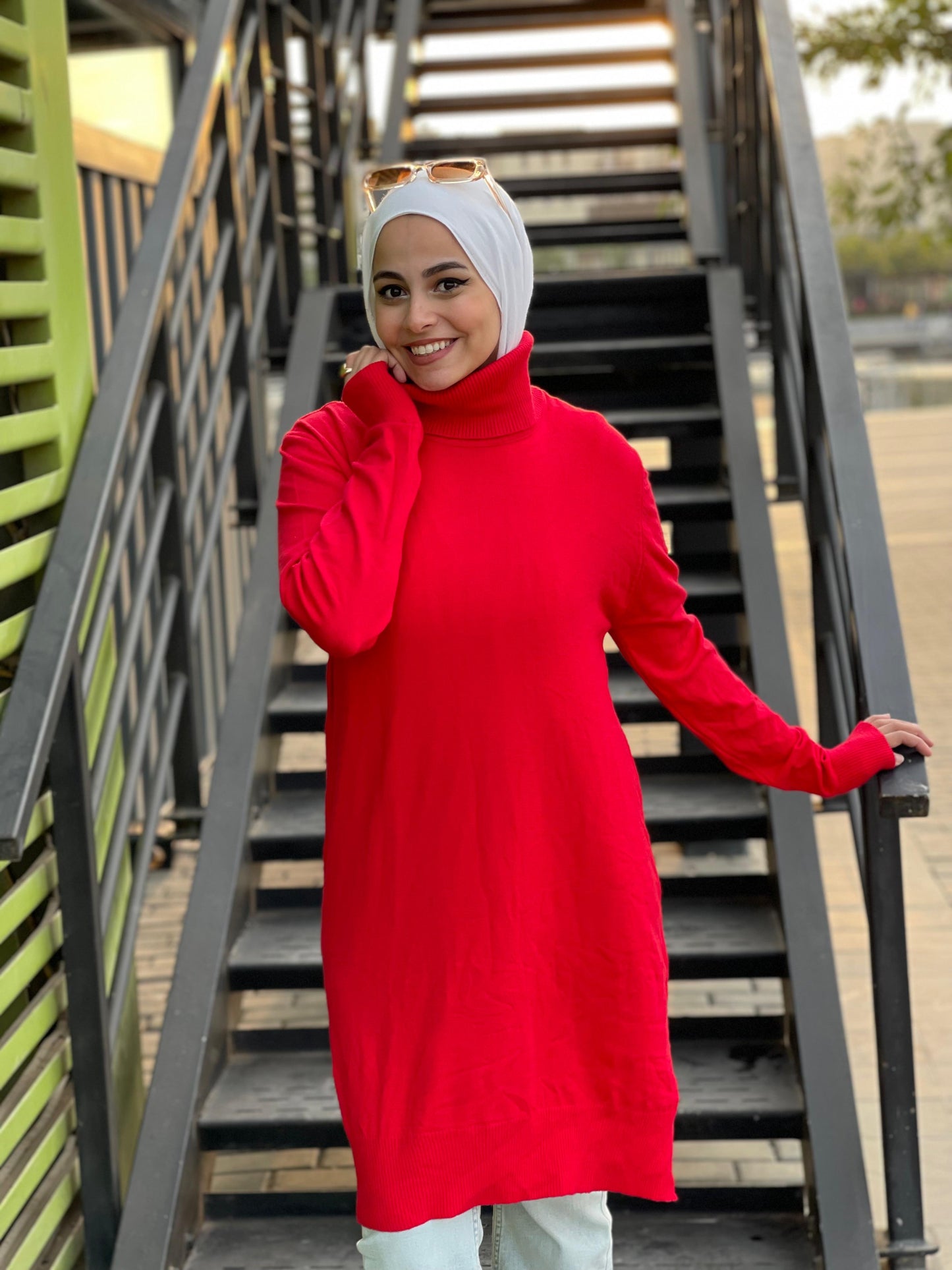 High-neck Longline Pullover in orang