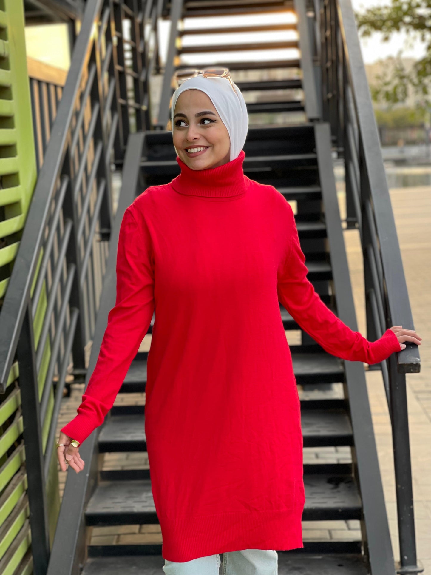 High-neck Longline Pullover in orang