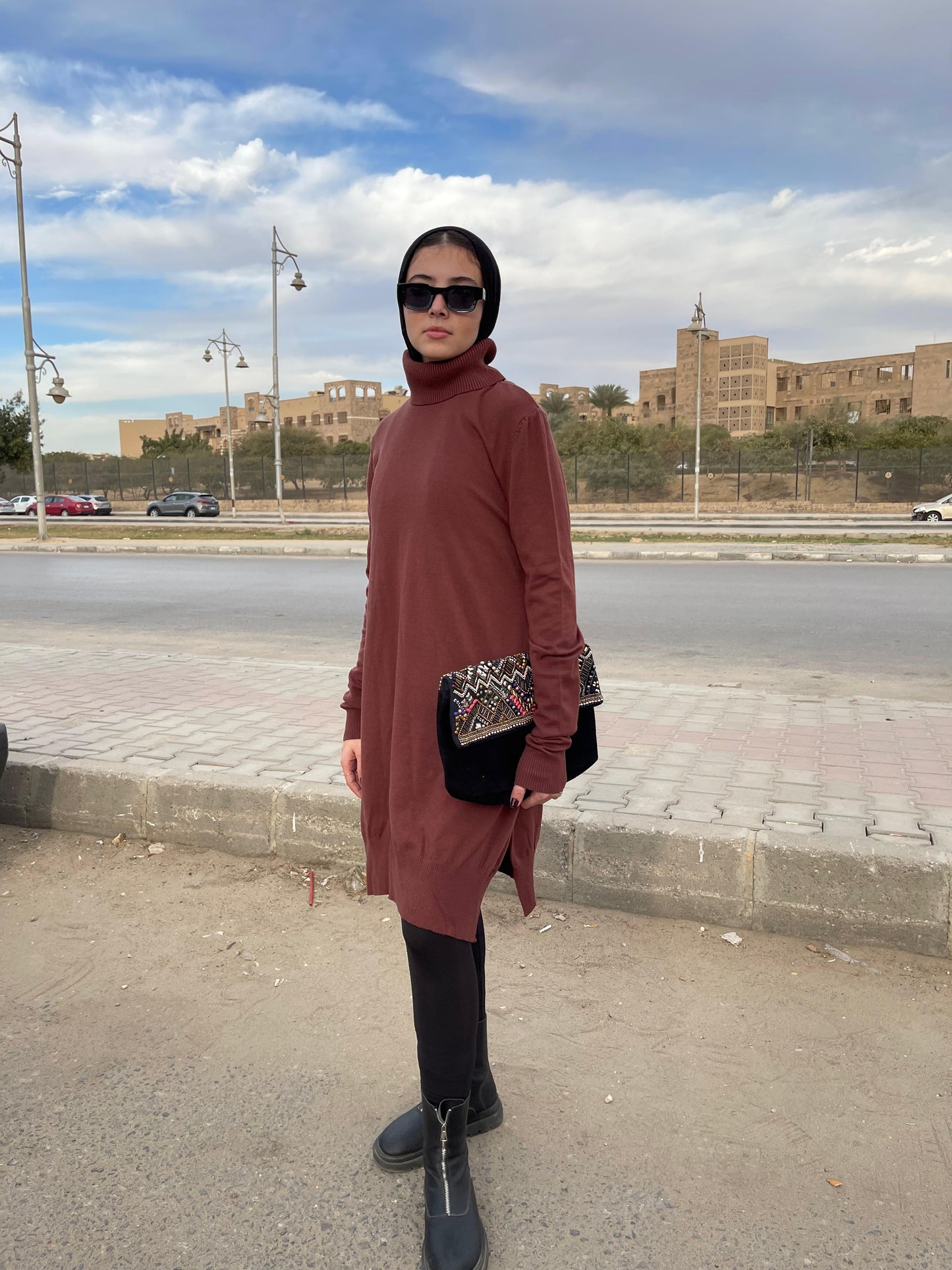 High-neck Longline Pullover in Brown