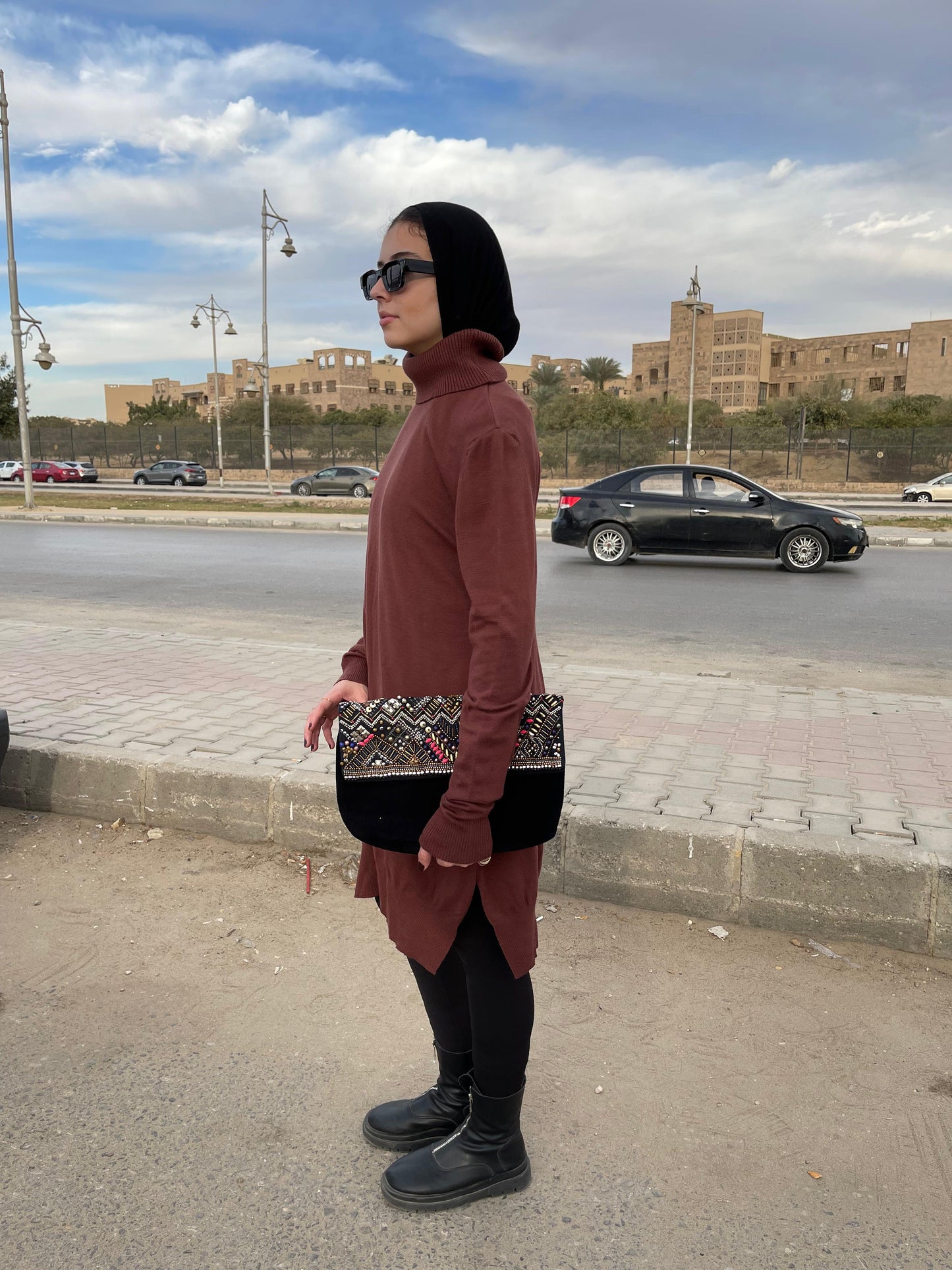 High-neck Longline Pullover in Brown