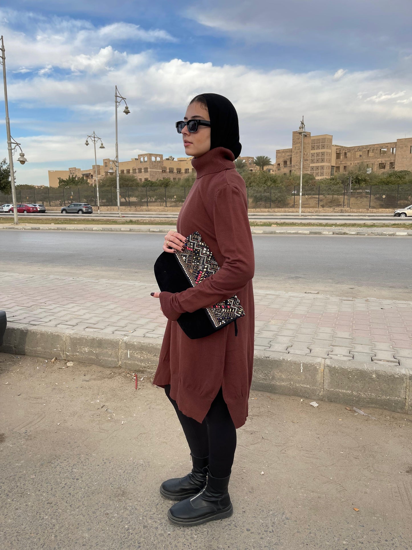 High-neck Longline Pullover in Brown