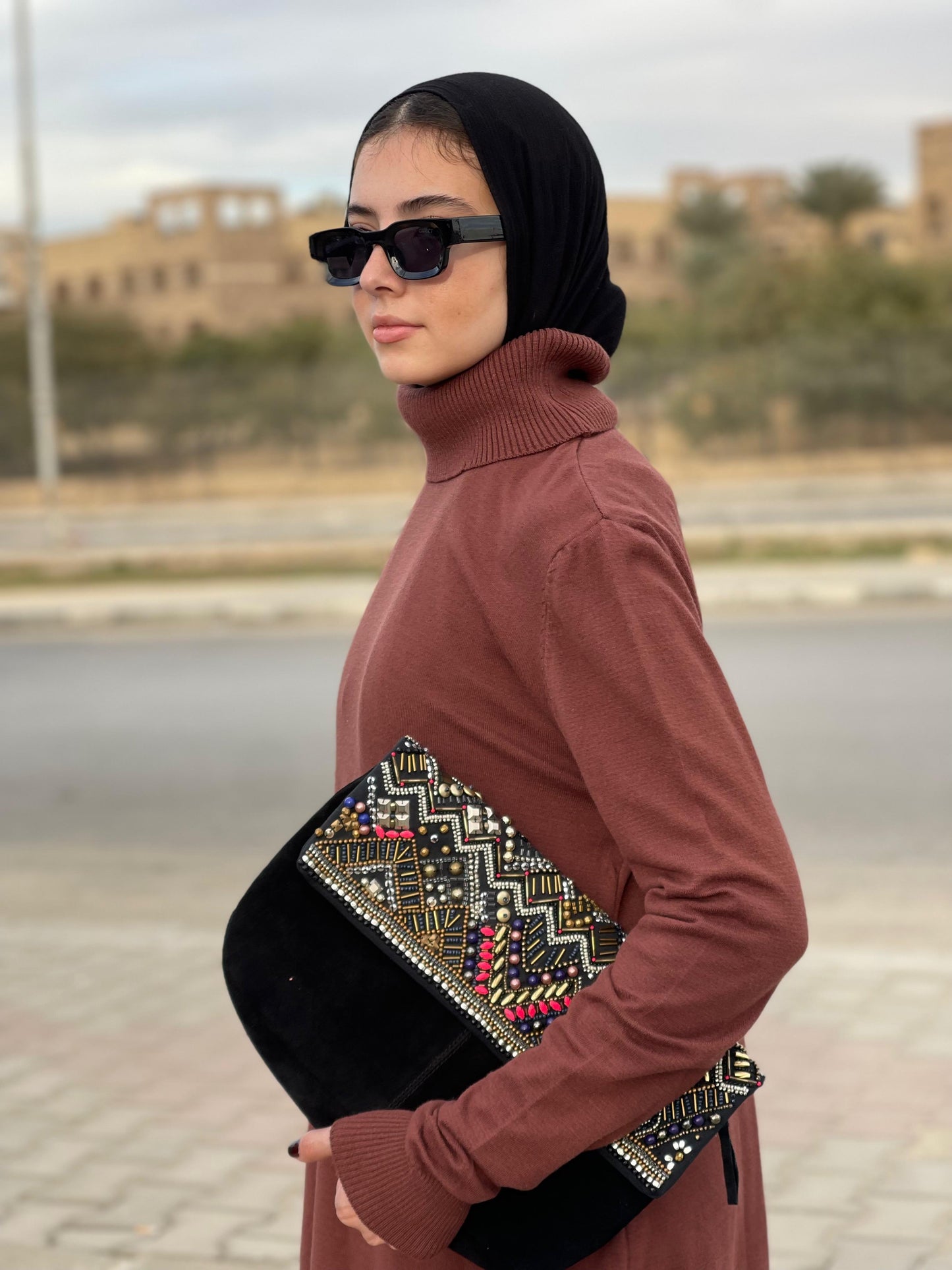 High-neck Longline Pullover in Brown