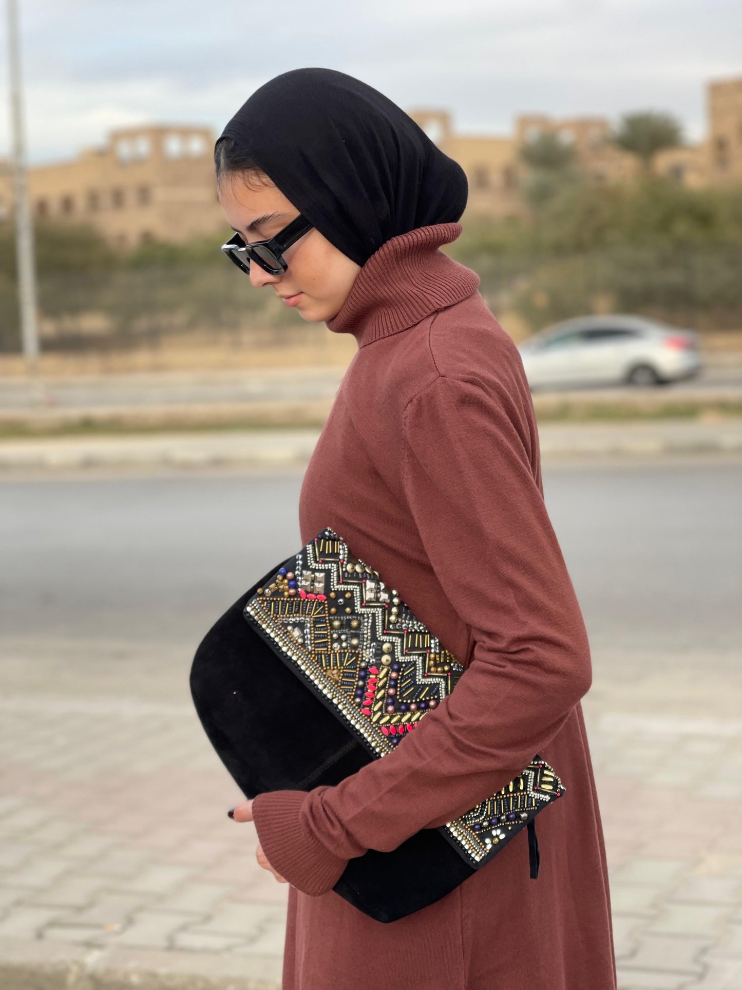 High-neck Longline Pullover in Brown