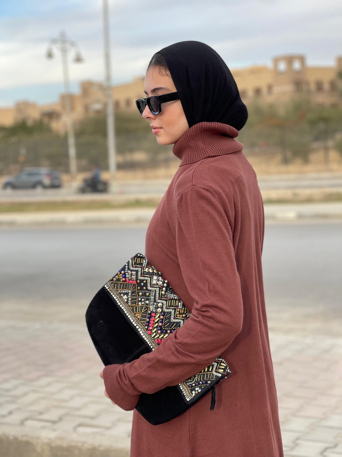 High-neck Longline Pullover in Brown