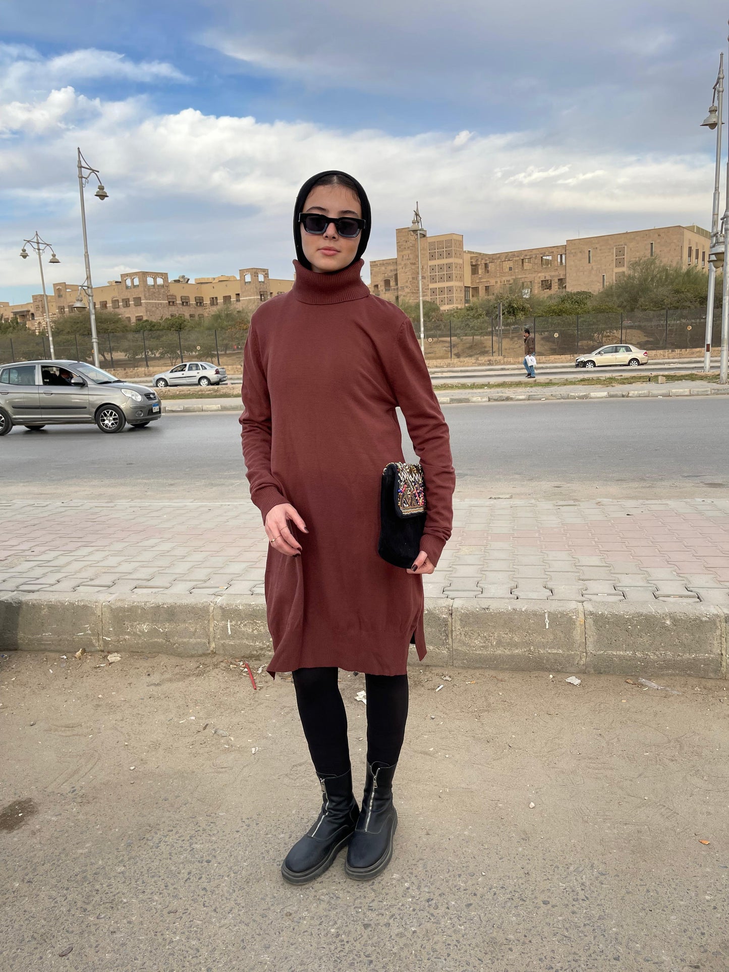 High-neck Longline Pullover in Brown
