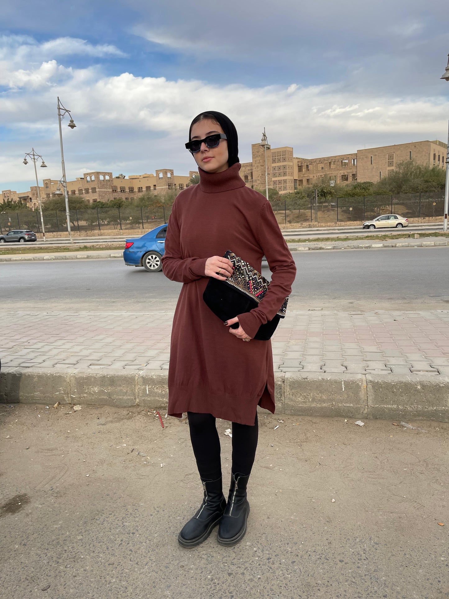 High-neck Longline Pullover in Brown