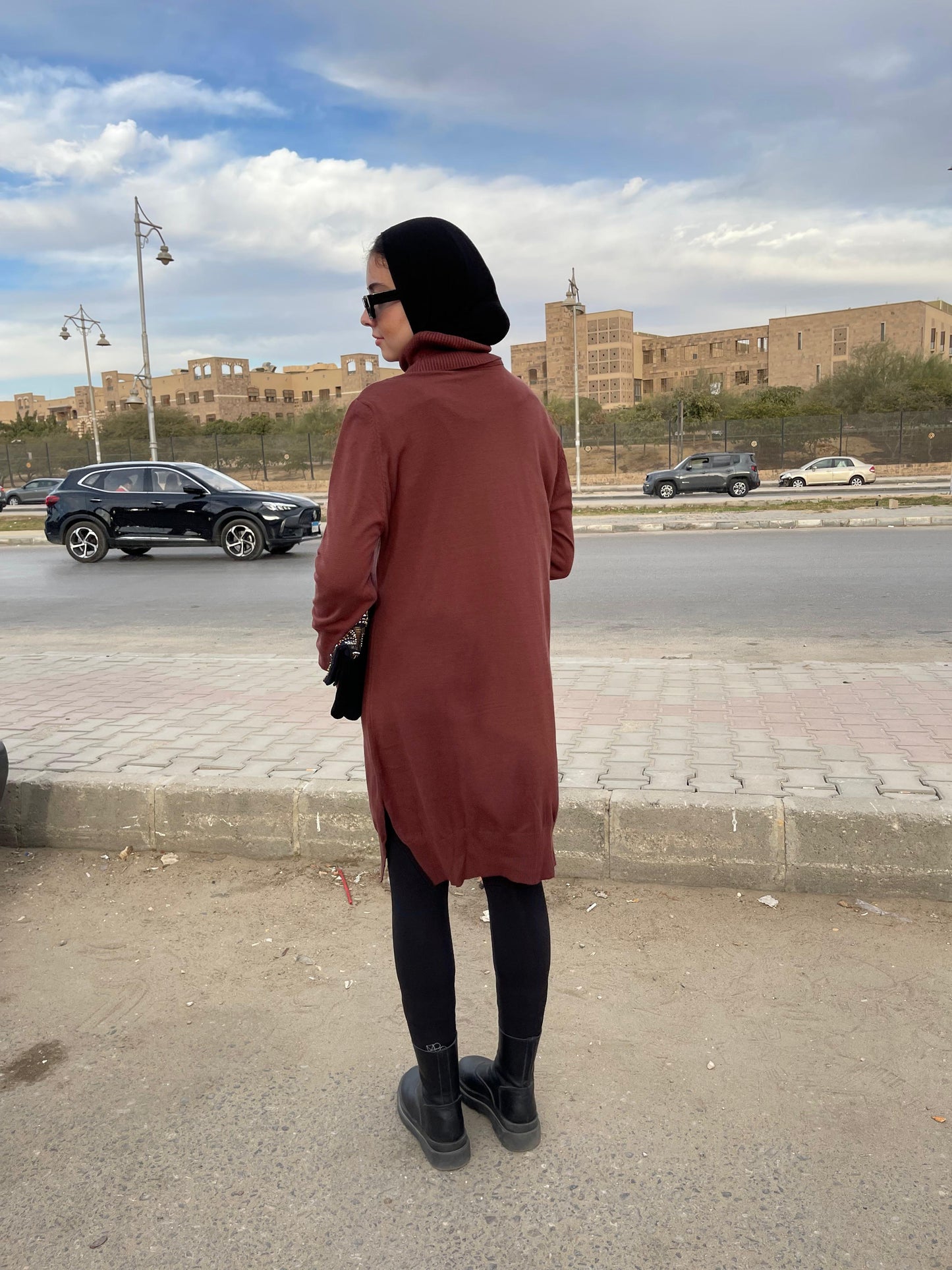 High-neck Longline Pullover in Brown