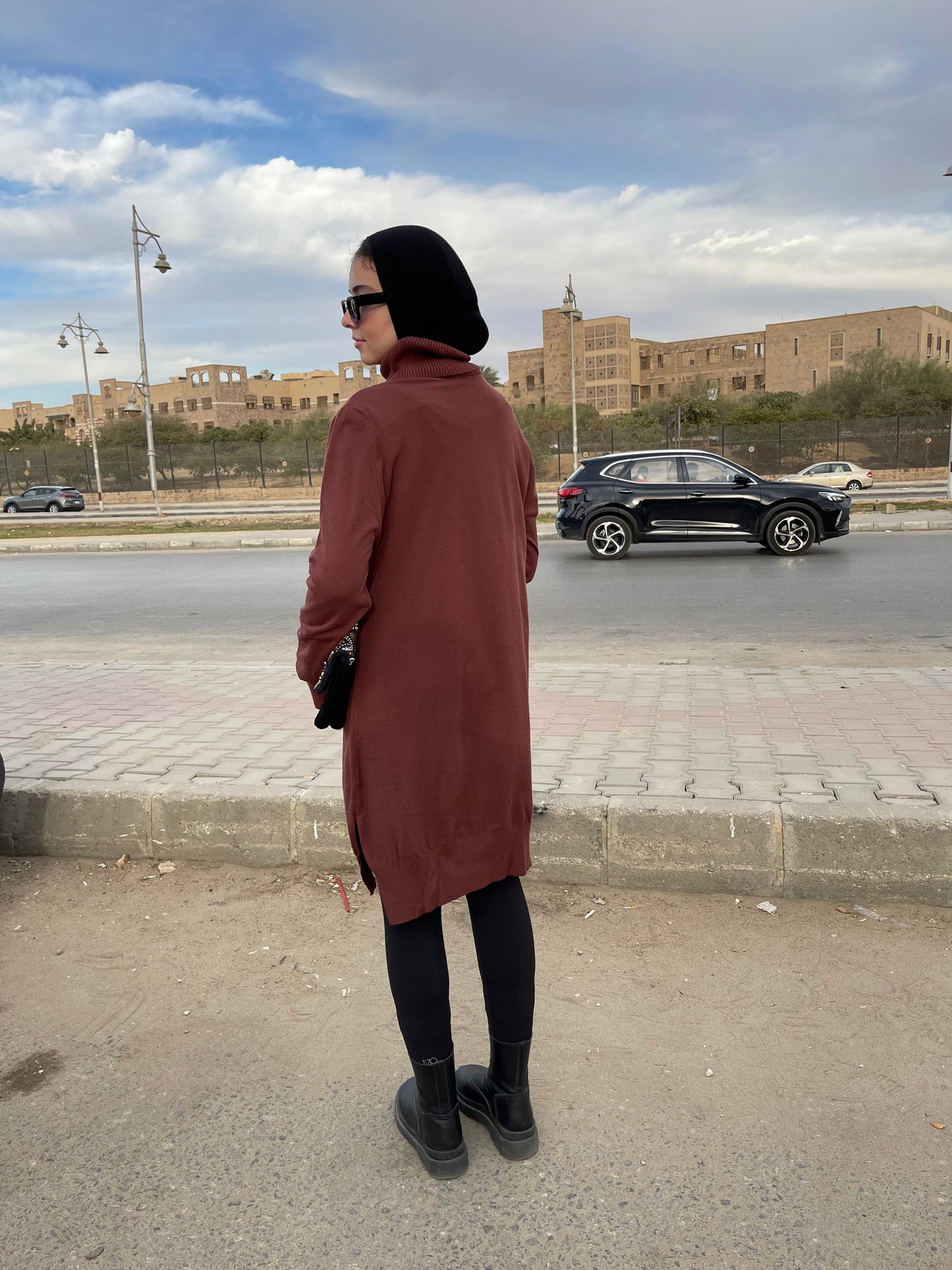 High-neck Longline Pullover in Brown