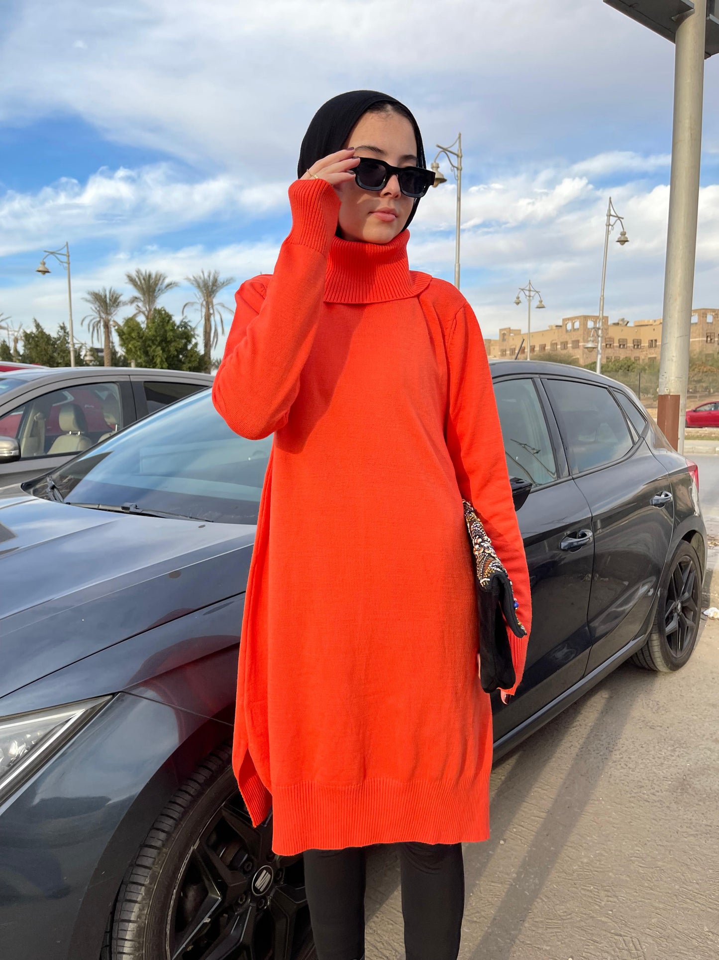 High-neck Longline Pullover in orang