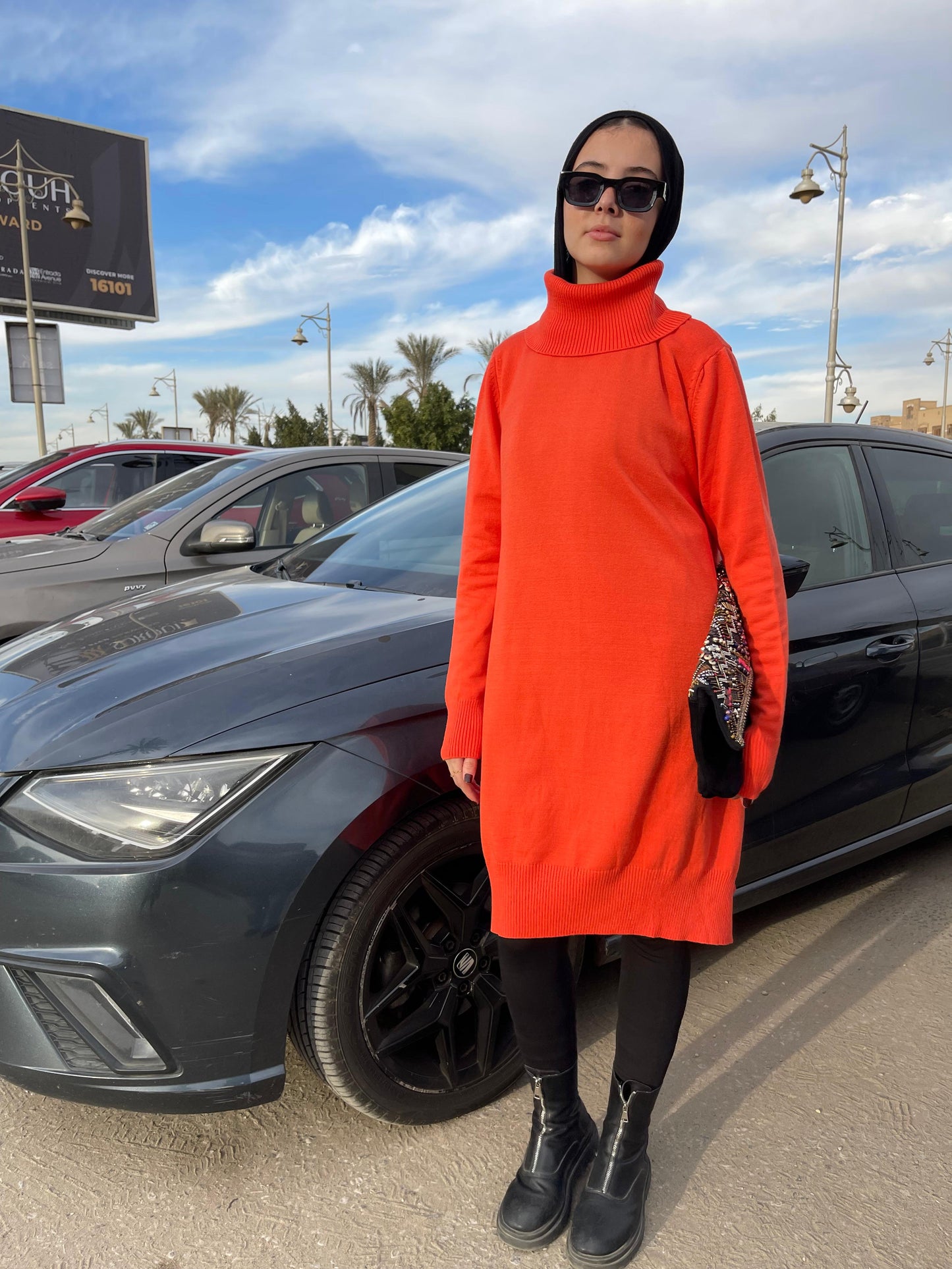 High-neck Longline Pullover in orang