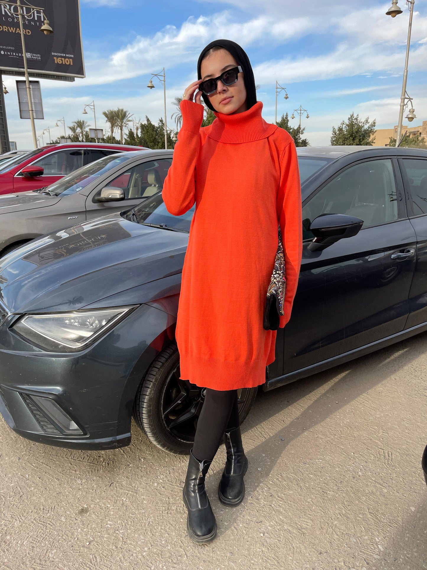 High-neck Longline Pullover in orang