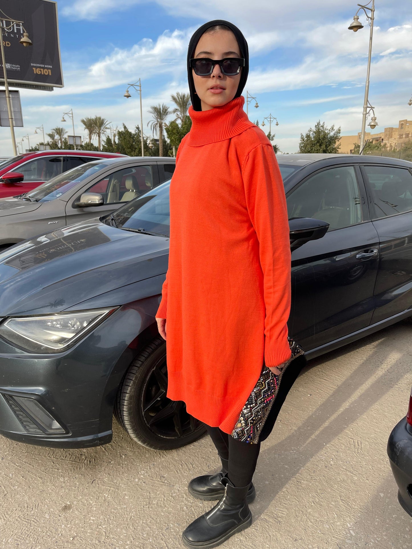 High-neck Longline Pullover in orang