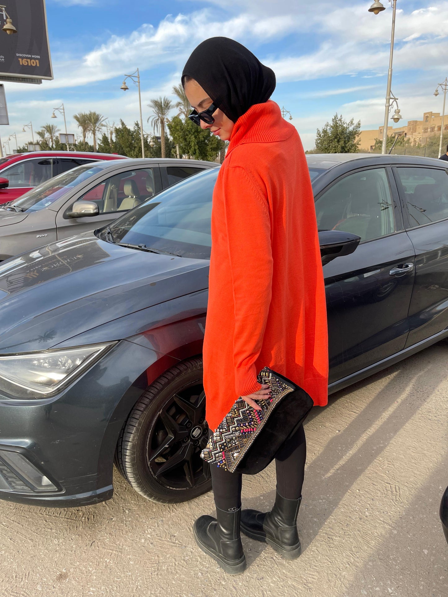 High-neck Longline Pullover in orang