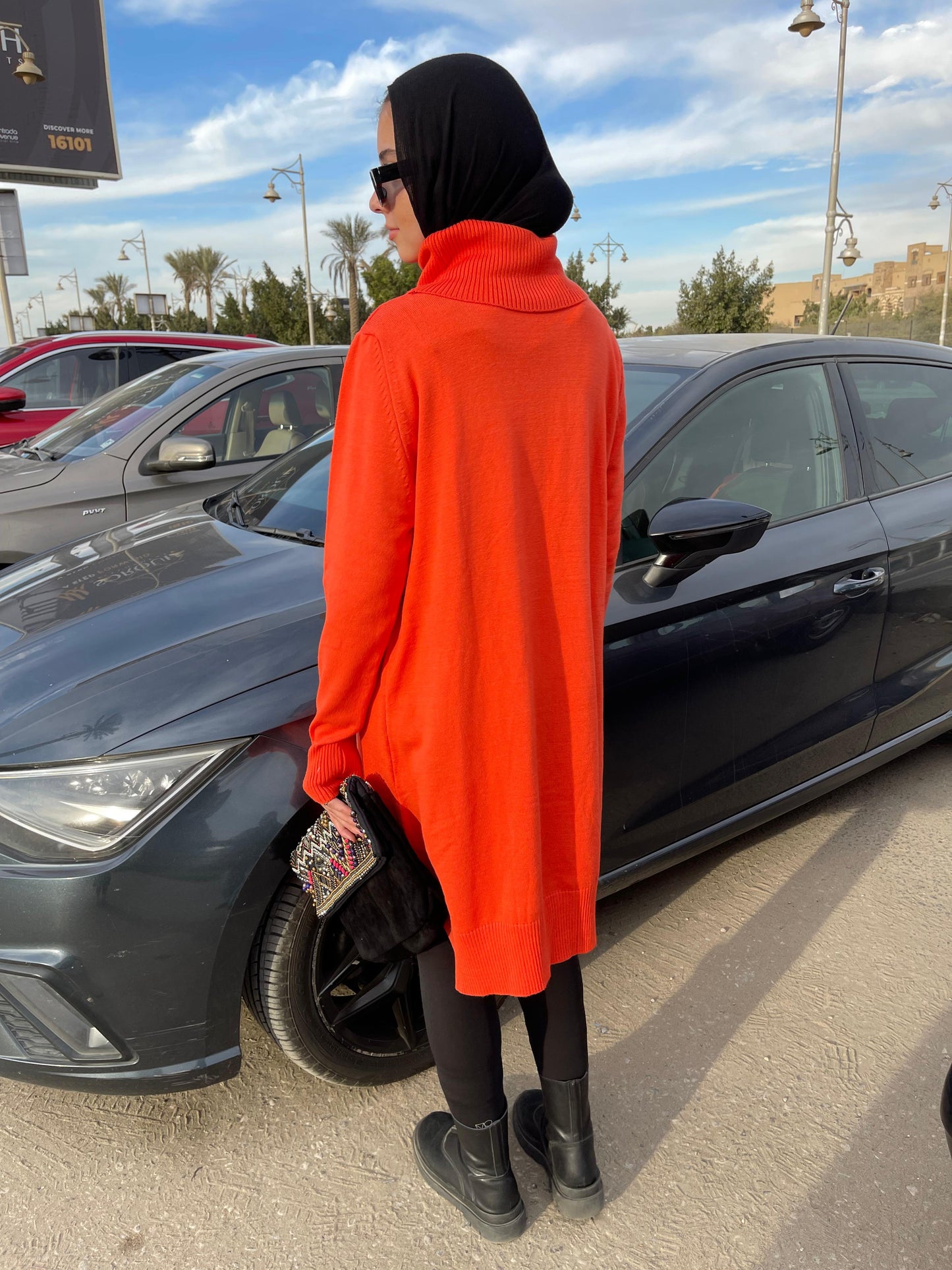 High-neck Longline Pullover in orang
