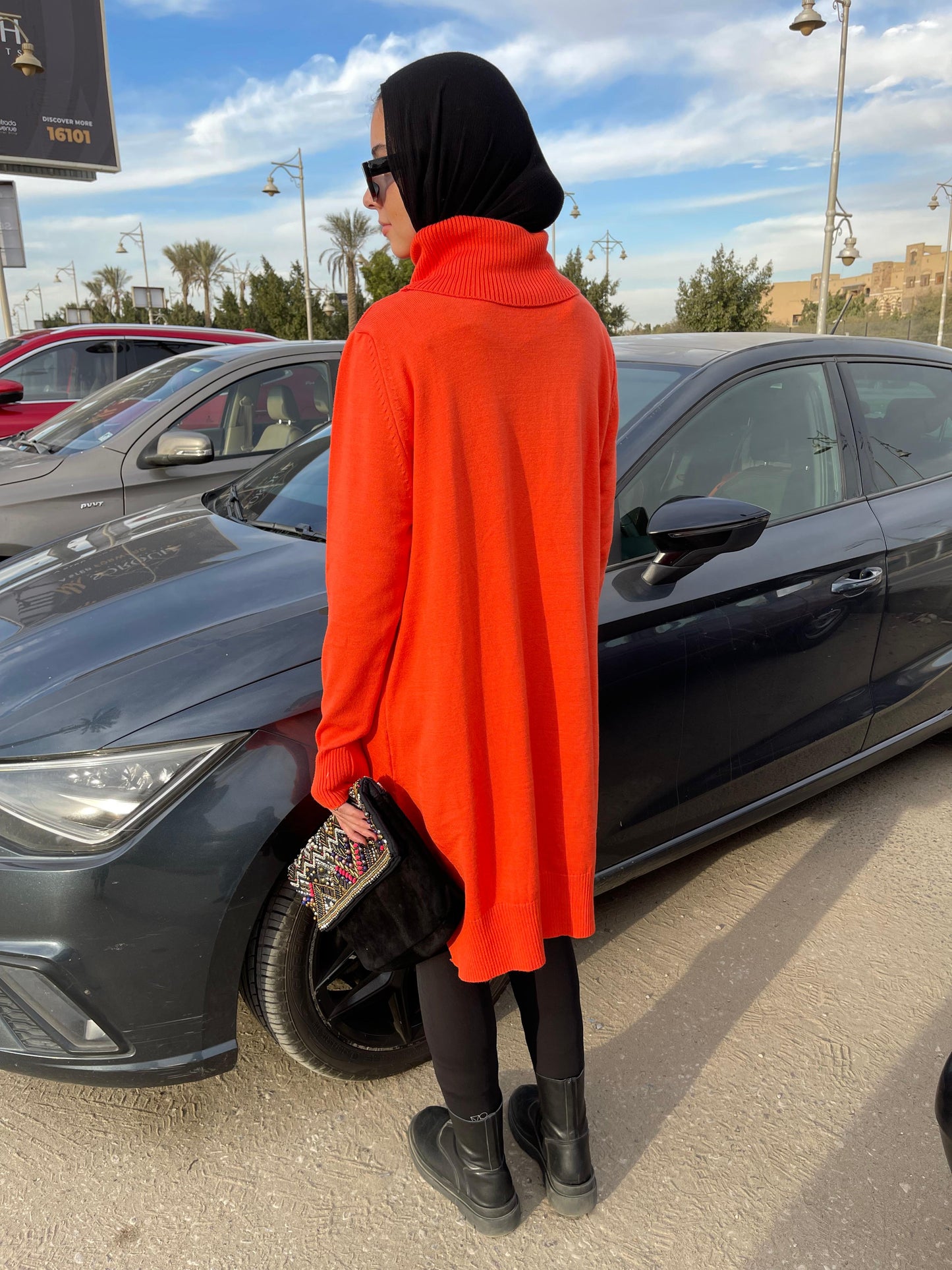 High-neck Longline Pullover in orang
