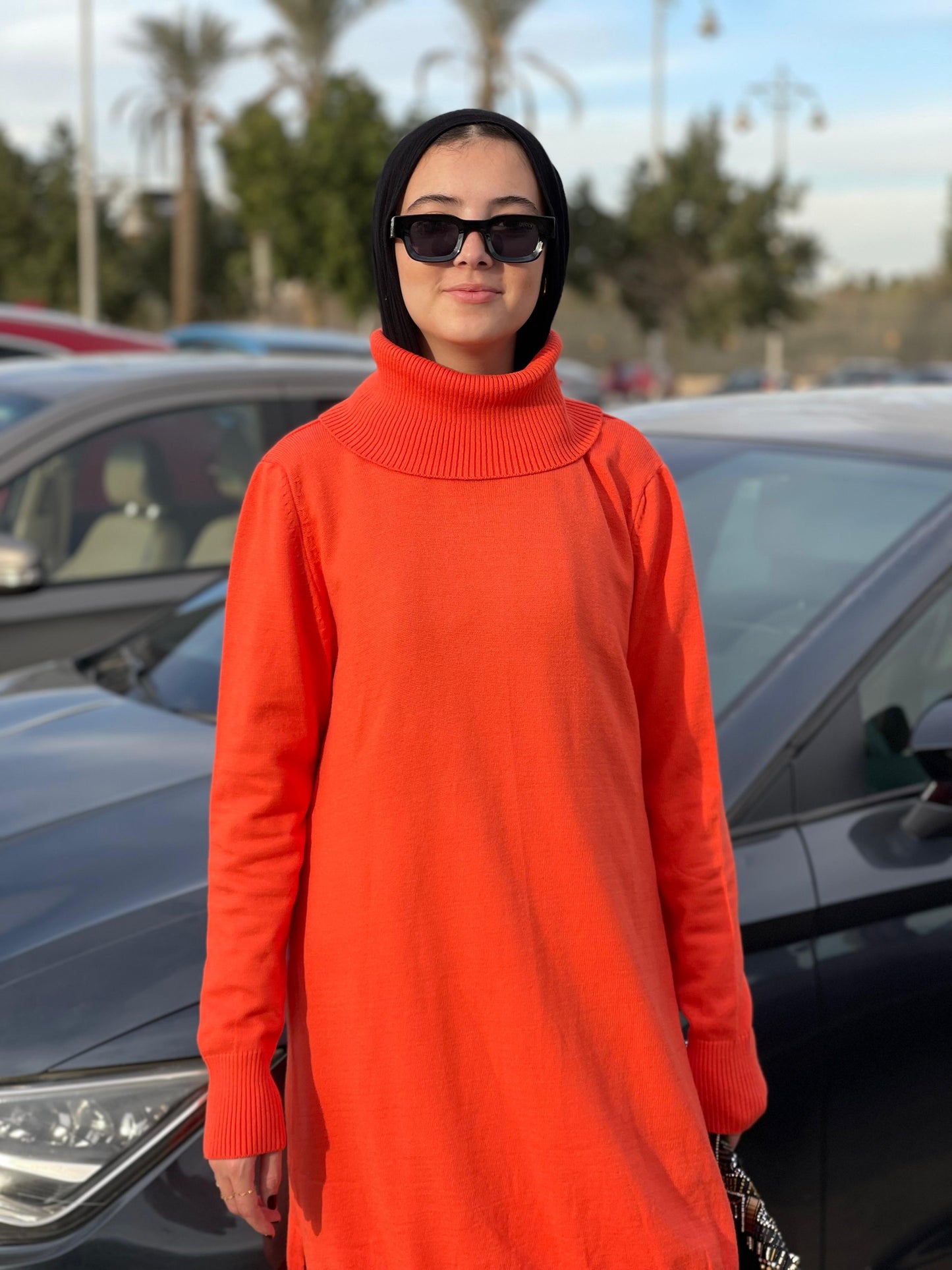 High-neck Longline Pullover in orang